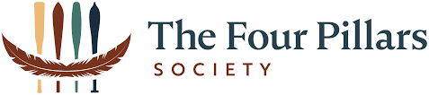 Logo of The Four Pillars Society with four colored pillars and feather design