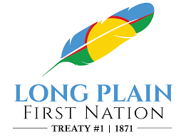 Logo of Long Plain First Nation featuring a colorful feather with the text 'Long Plain First Nation Treaty #1 1871'