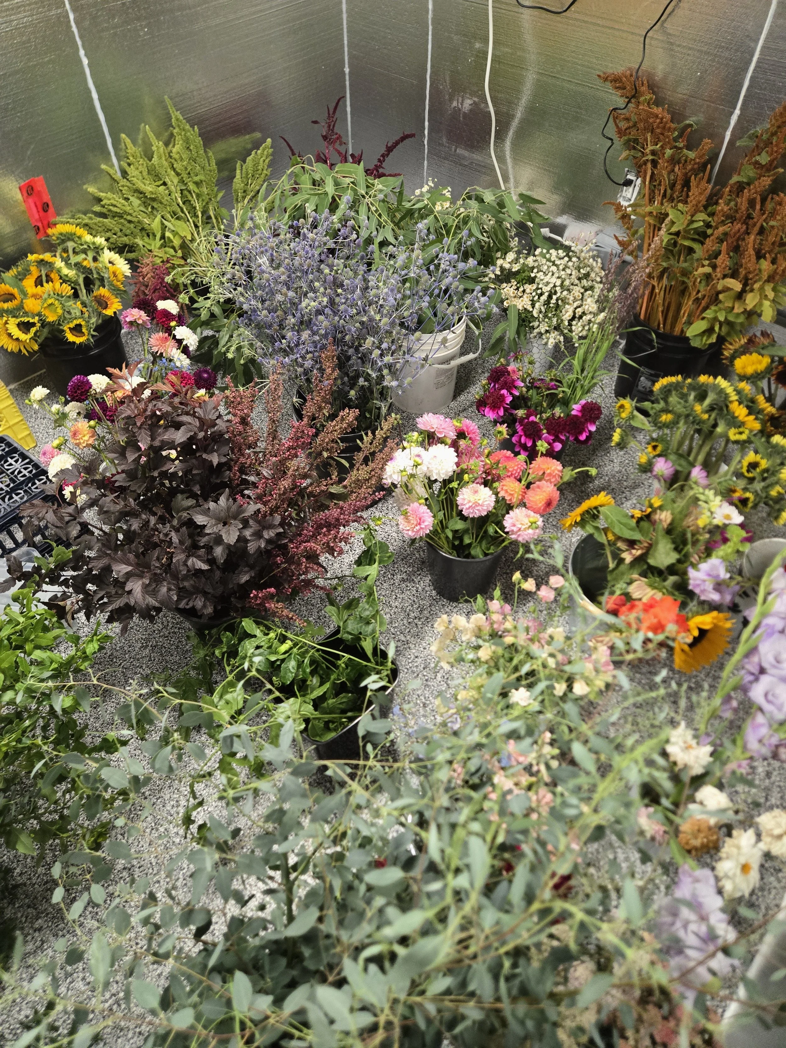 DIY buckets of mixed flowers for the creative bride