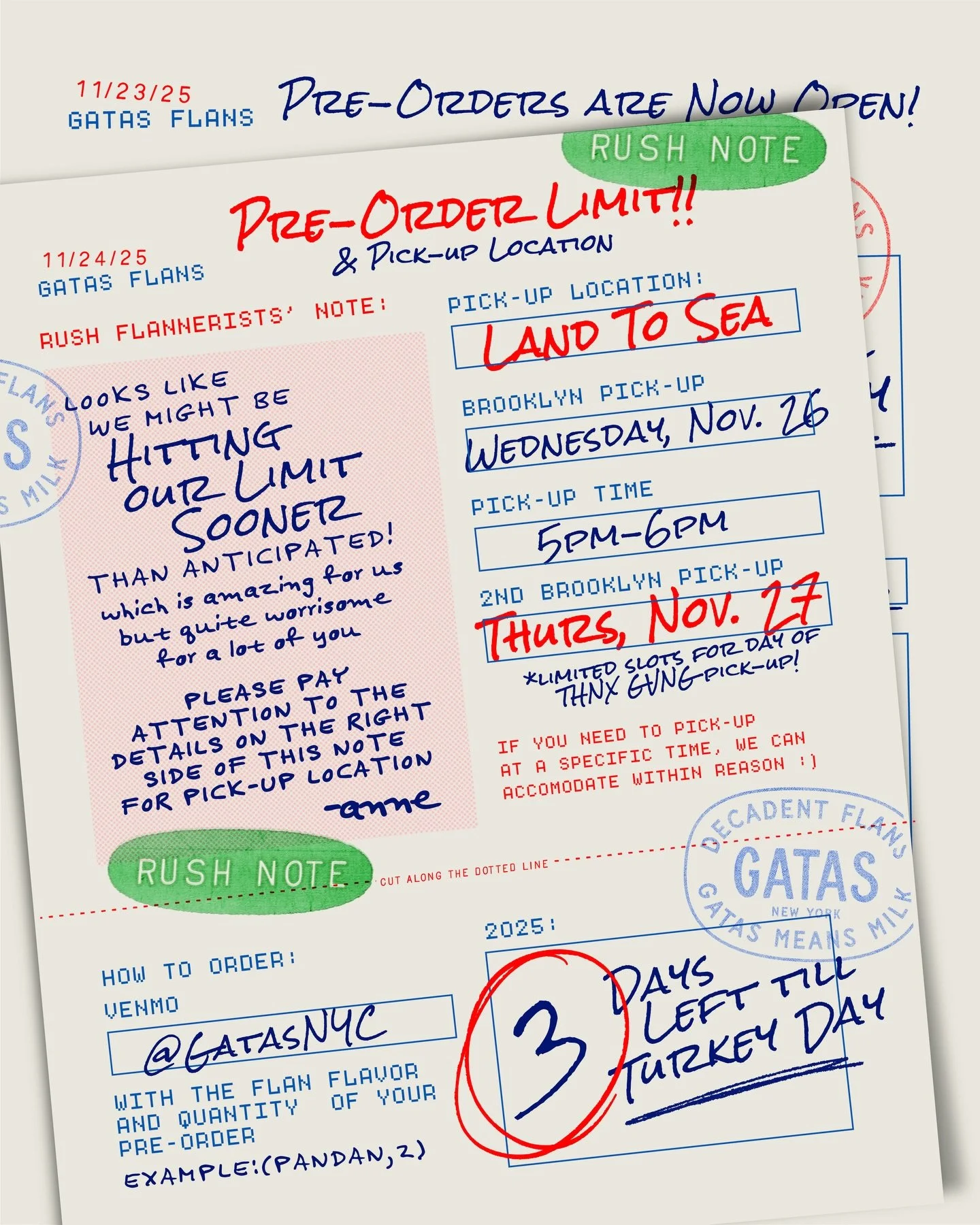 RUSH NOTE FROM GATAS HQ 🚨
Brooklyn&hellip; we did not expect this&hellip;
but y&rsquo;all are ordering flans like your lives depend on it and we might be hitting our limit way sooner than planned 😭✨

So here&rsquo;s the update before anyone spirals