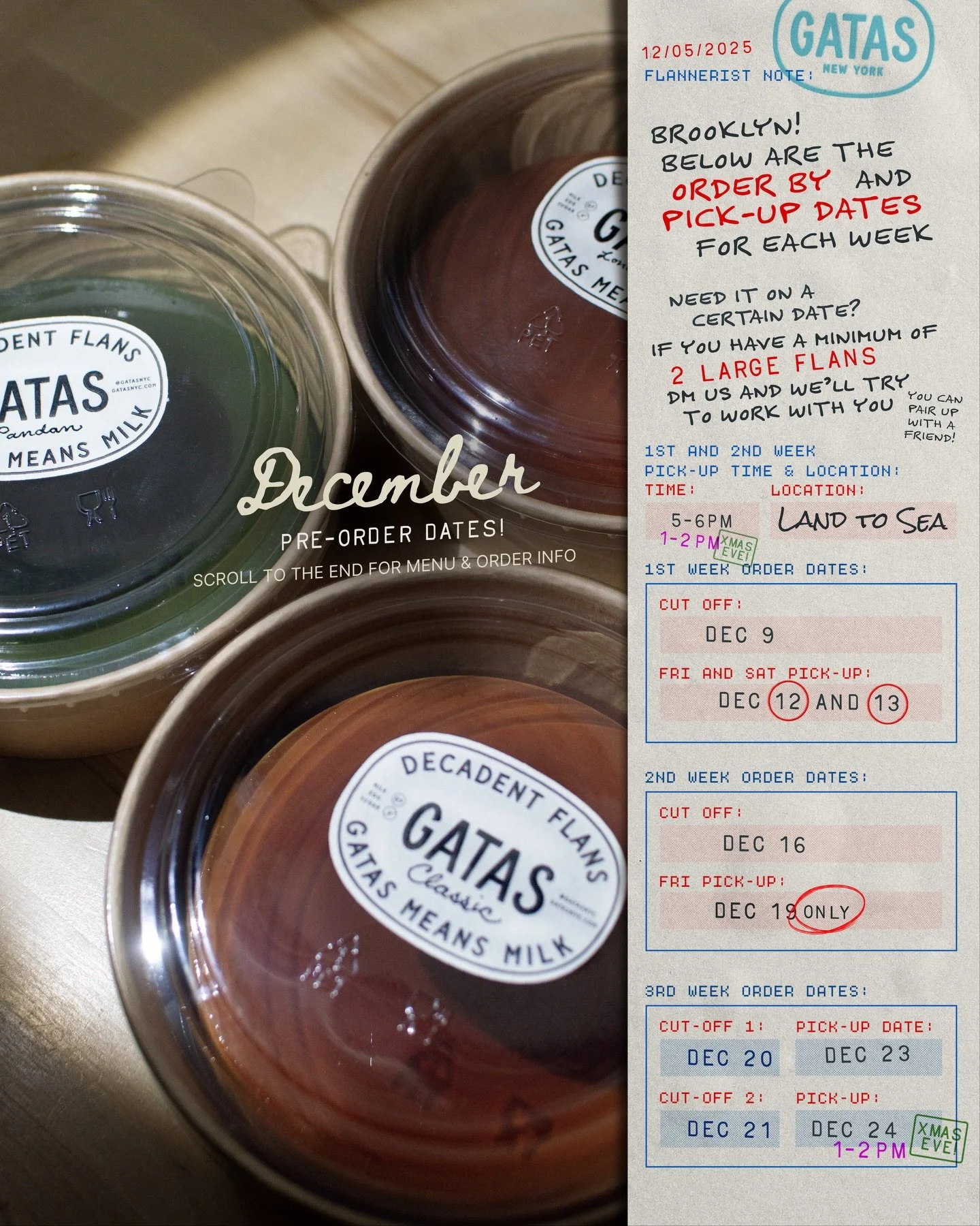 December pre-orders are OPEN and your holiday dessert planning just got extremely delicious.
Classic? Got you. Pandan? Yes baby. Ube? Always.
Yule Cr&egrave;me? Truly the main character of the season.

Pick-ups at Land to Sea every week.
Big flans on