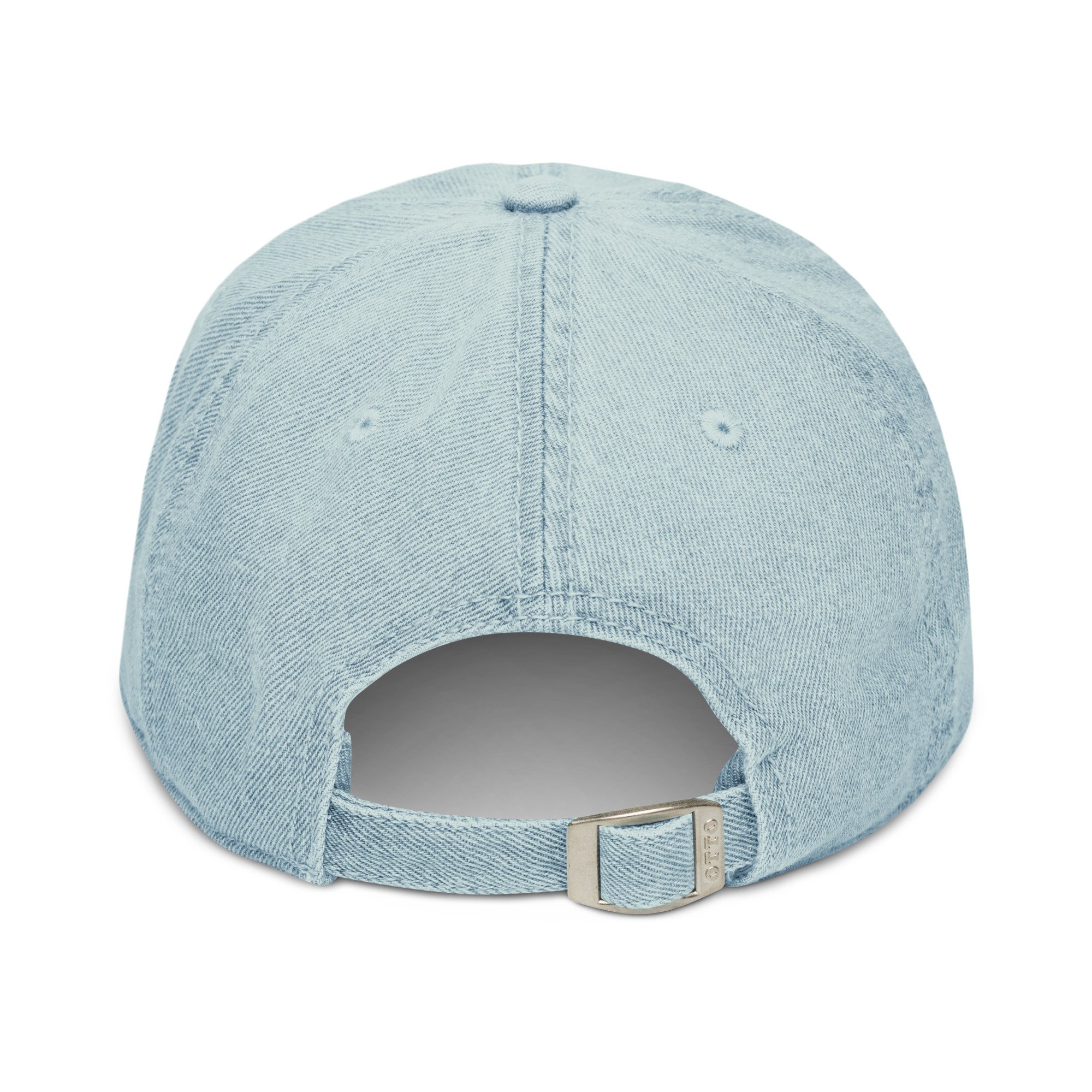 The back of a light blue denim baseball hat