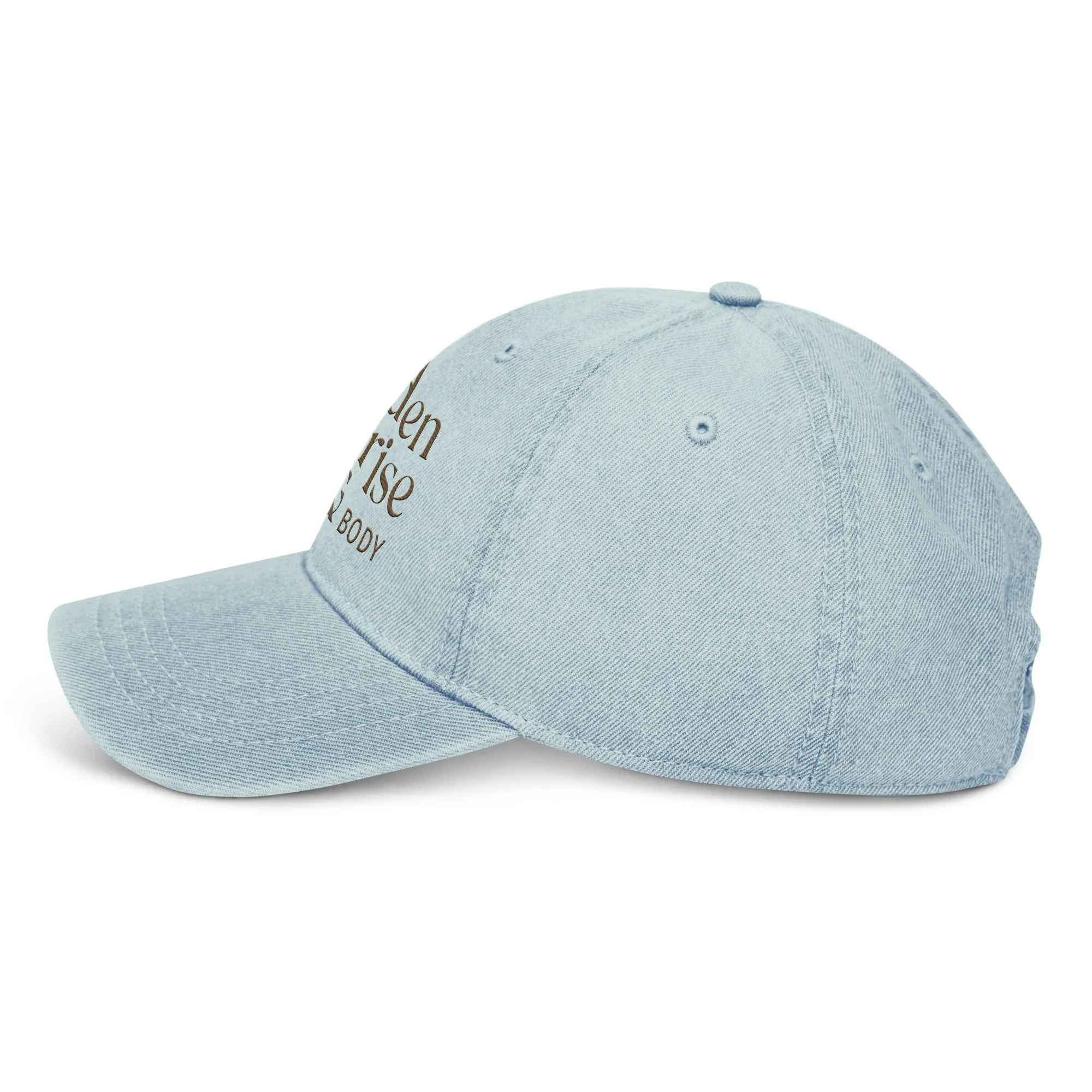 The left side of a light blue denim baseball hat