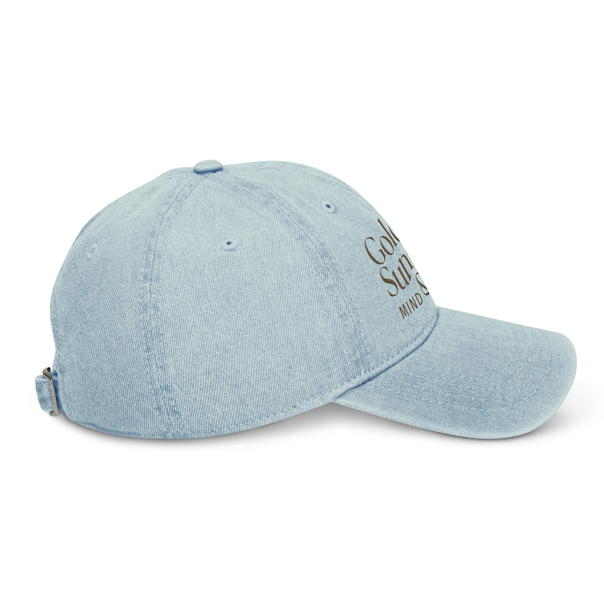 The right side of a light blue denim baseball hat