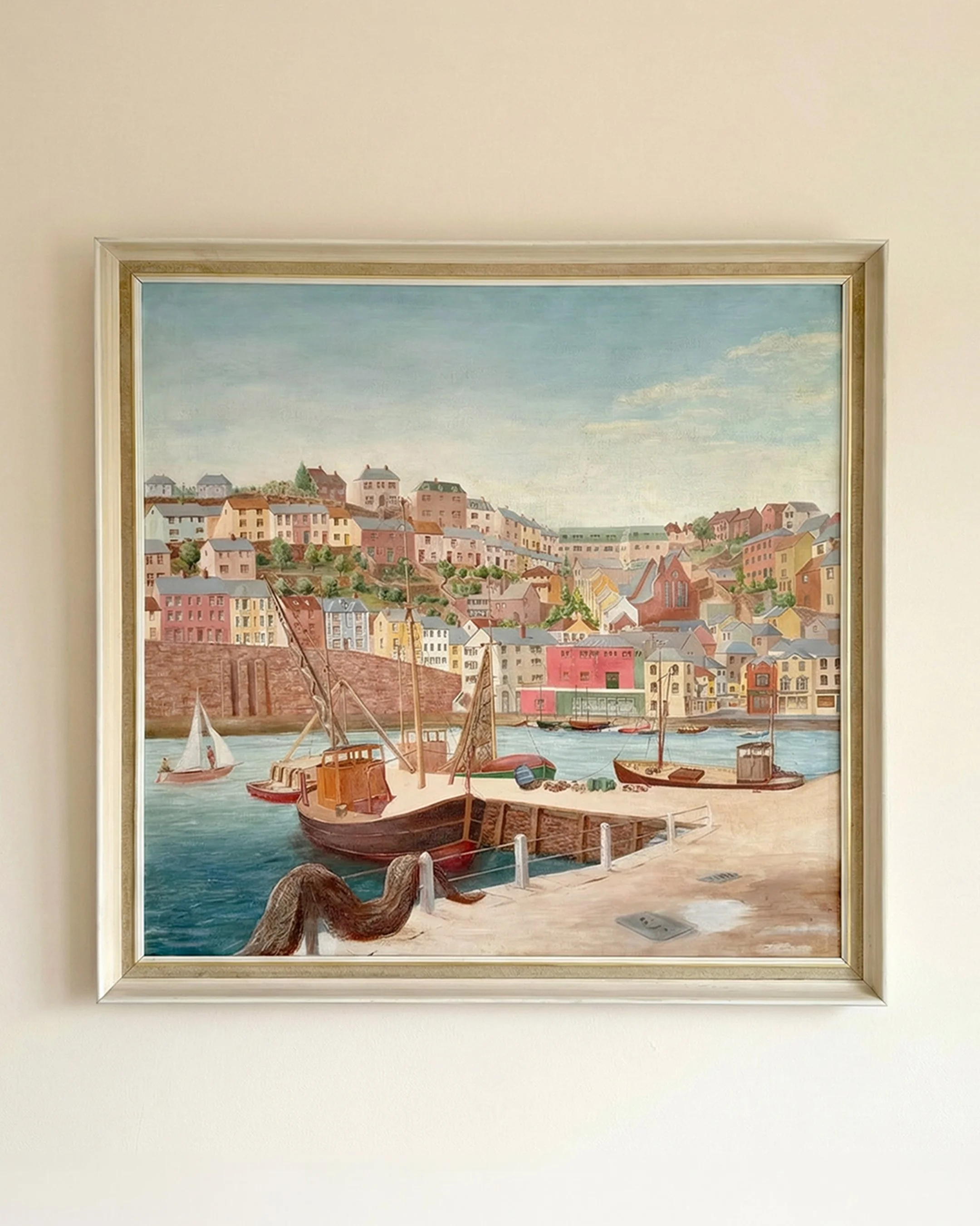 Large Framed Vintage Painting of Coastal Town Harbour