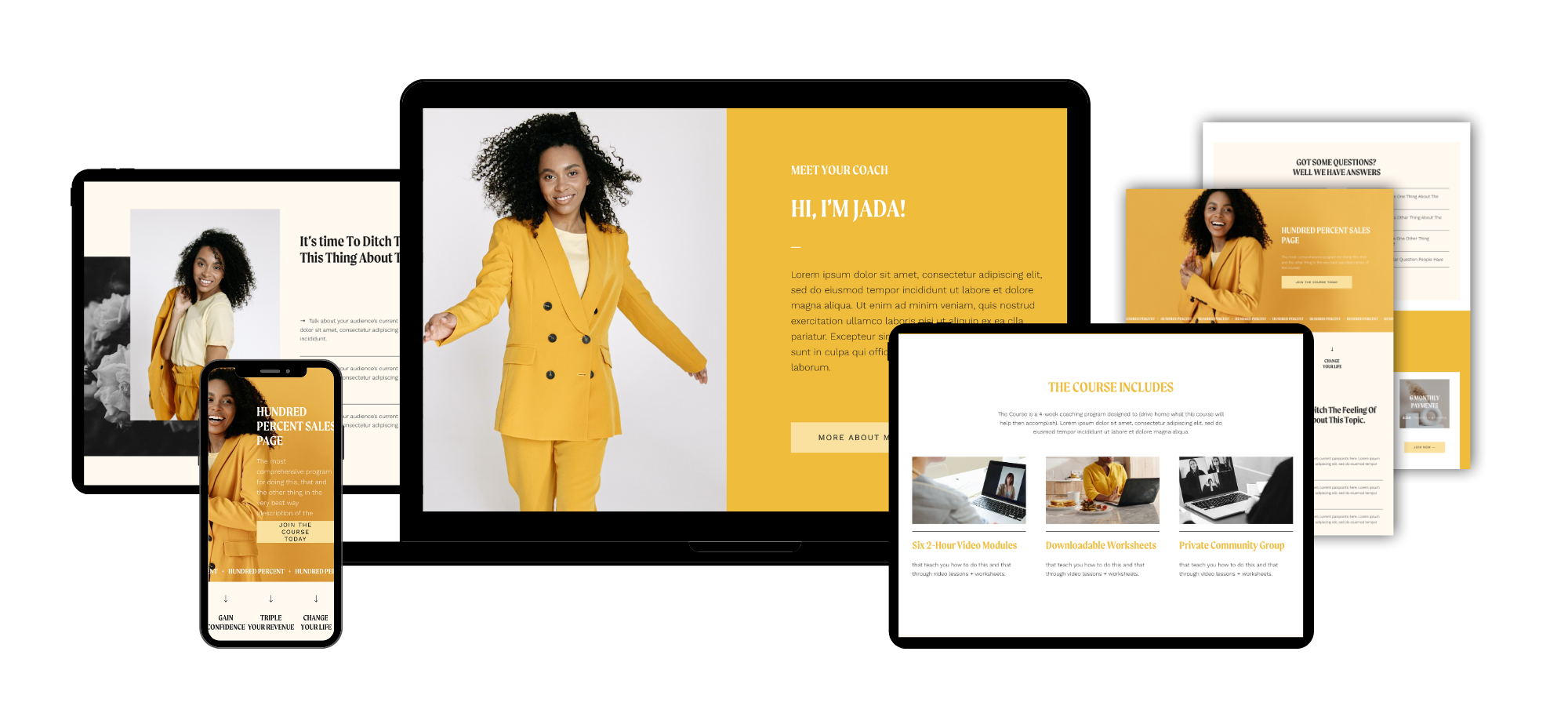 Collage of coaching website templates featuring a person in a yellow suit, course details, and promotional content.