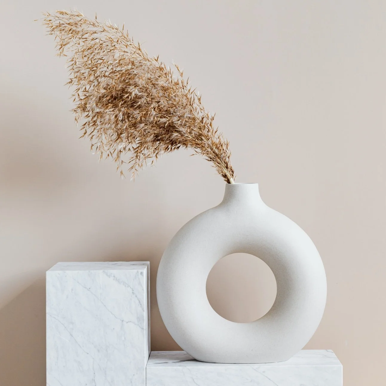 Modern circular vase with pampas grass on marble platform