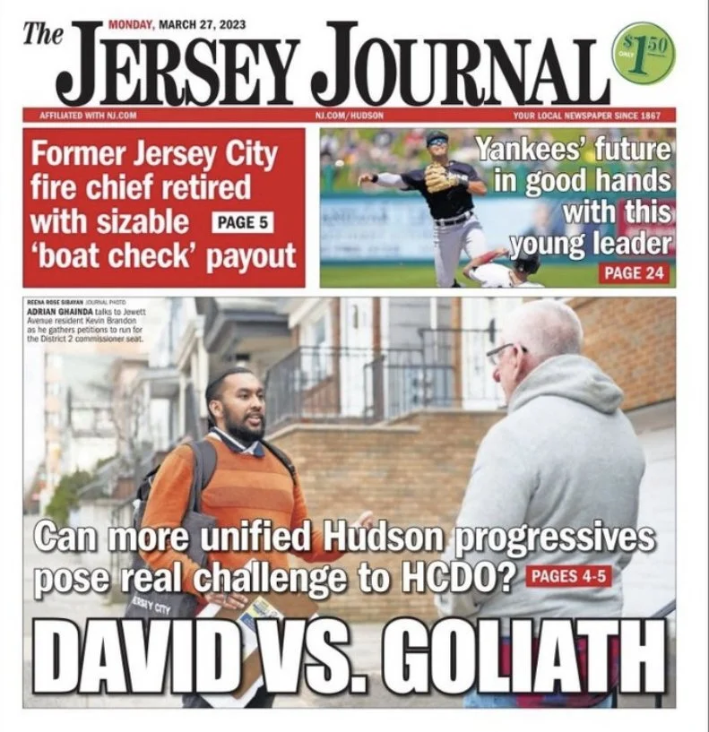 Front page of The Jersey Journal newspaper dated March 27, 2023, featuring headlines about a former Jersey City fire chief's retirement and a story on political challenges in Hudson involving David and Goliath.