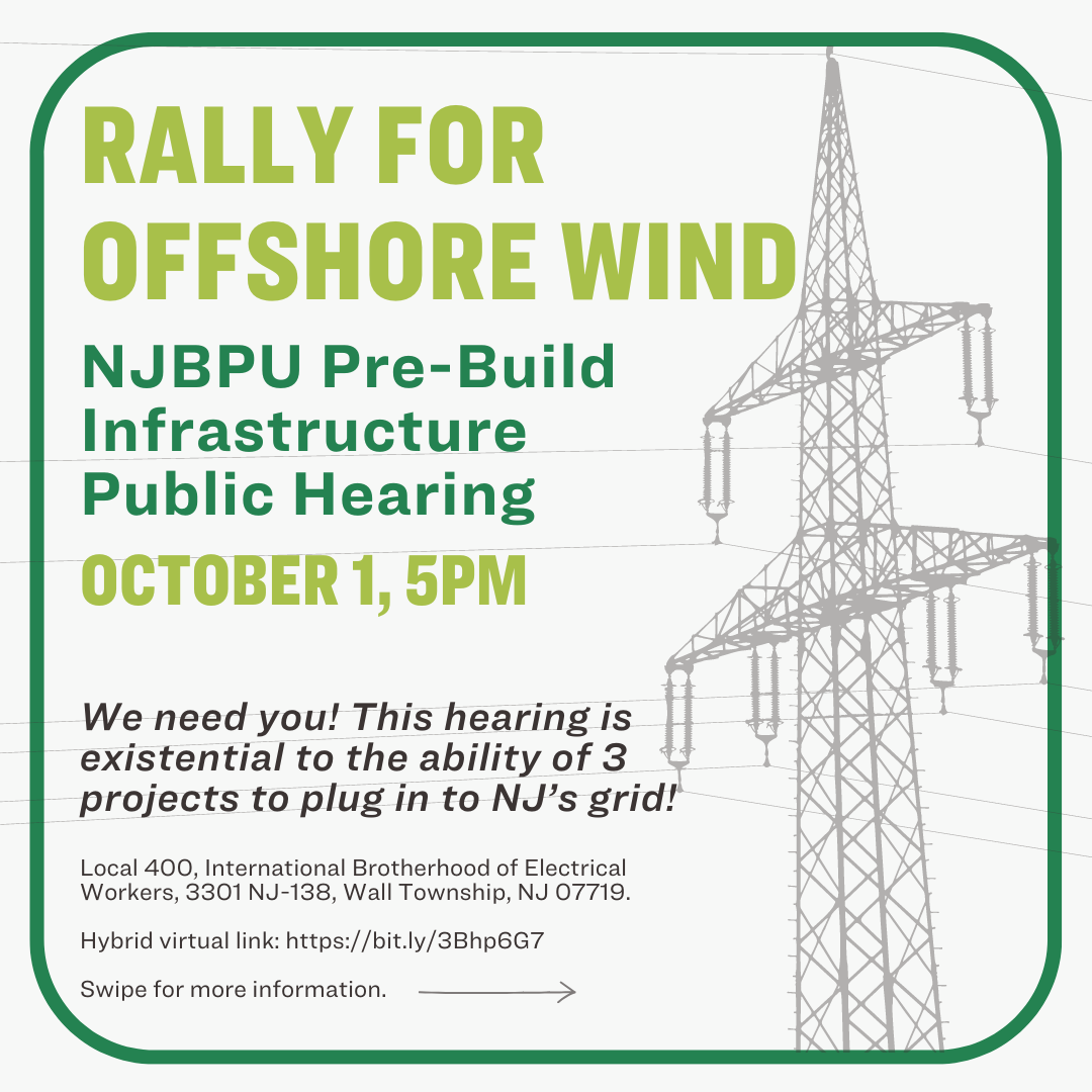 Flyer announcing a rally for offshore wind energy with a public hearing on October 1 at 5 PM, including details about infrastructure and a virtual link, featuring an illustration of a power transmission tower.