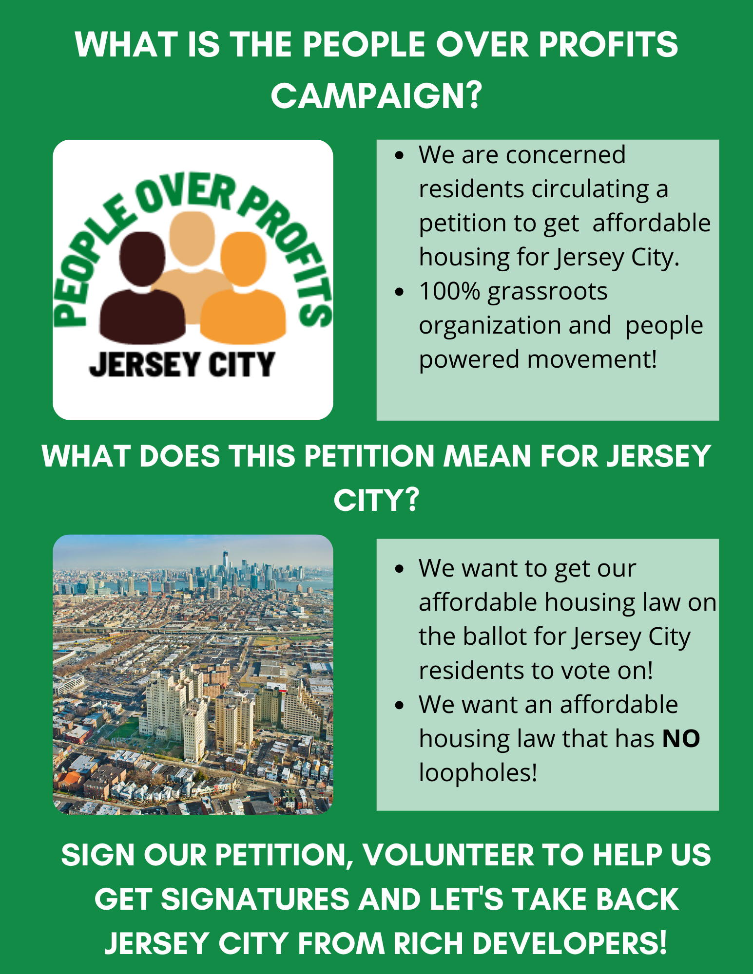 A poster with green background and white text advocating for a petition to get affordable housing in Jersey City. It features the logo of 'People Over Profits Jersey City' with three stylized human figures, and includes images of the Jersey City skyl