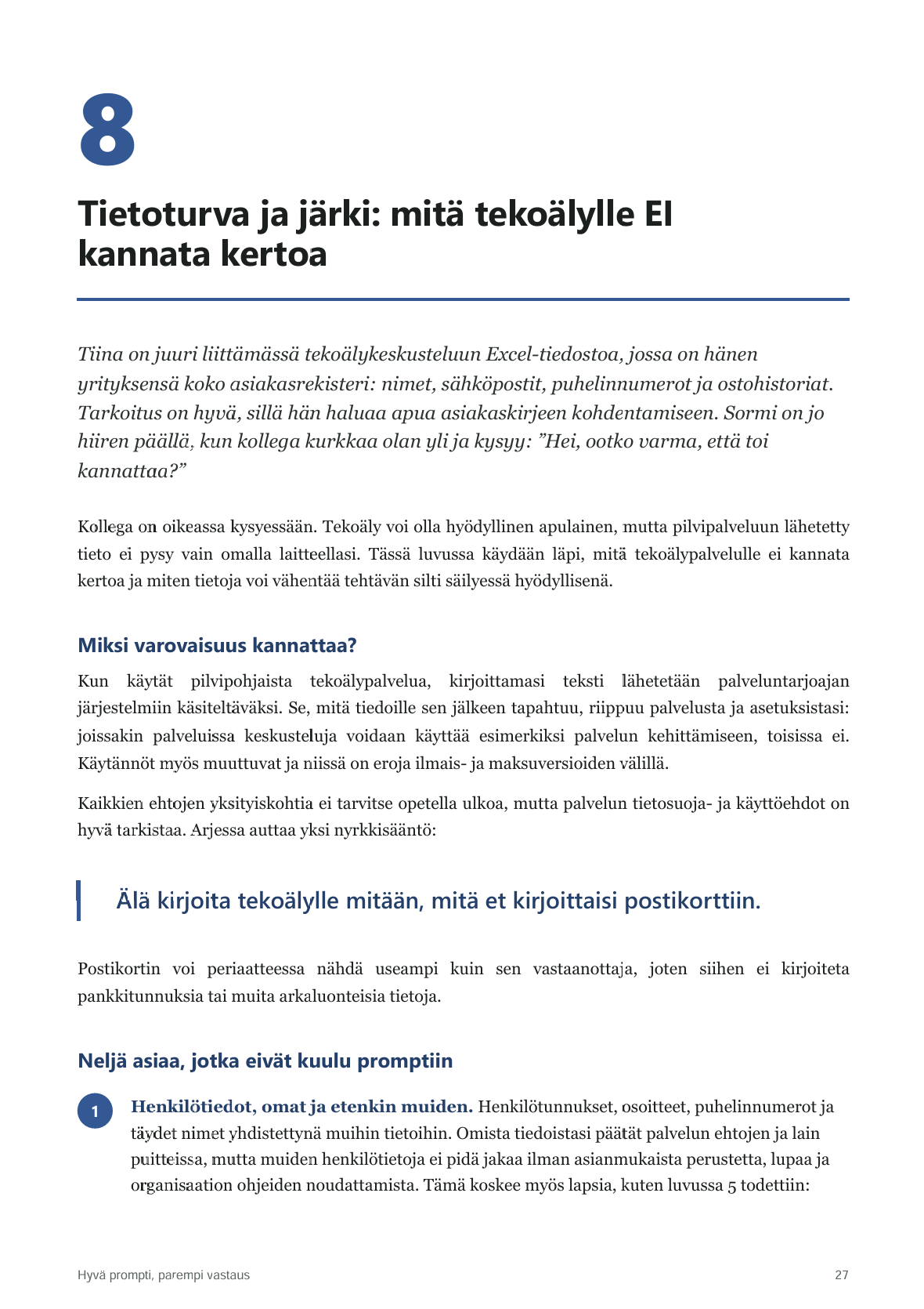 Esimerkkisivu oppaasta: Tietoturva ja järki: mitä tekoälylle EI kannata kertoa
