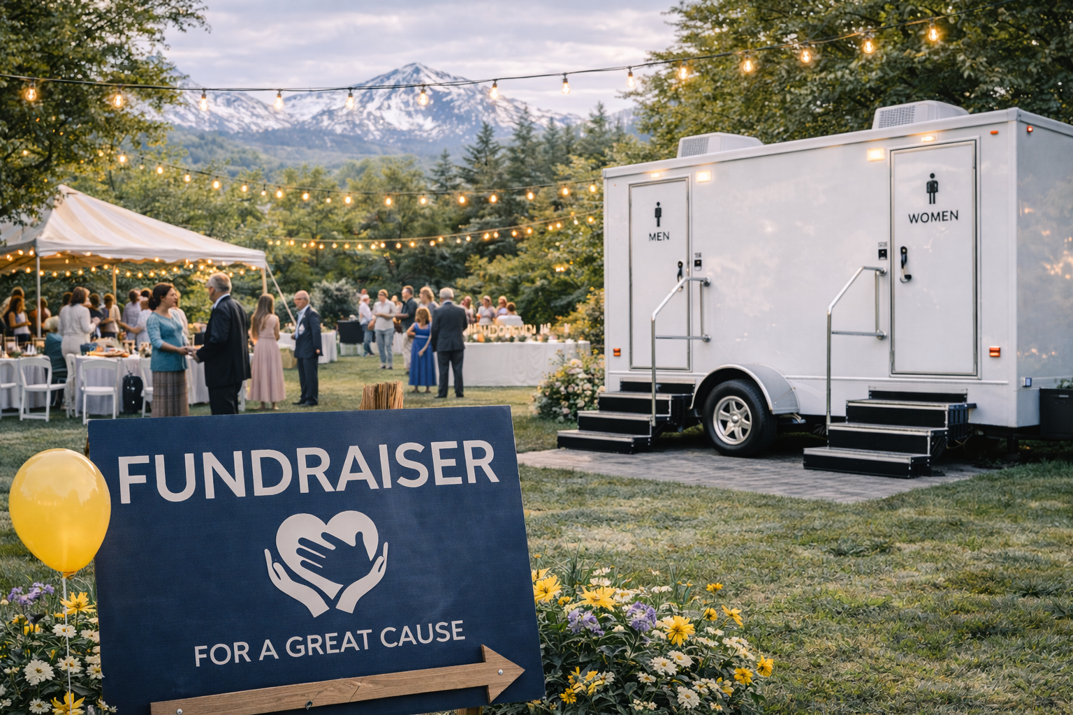 Luxury restroom trailer set up for a fundraiser or nonprofit event in Colorado, providing clean and professional restroom solutions for guests and donors.