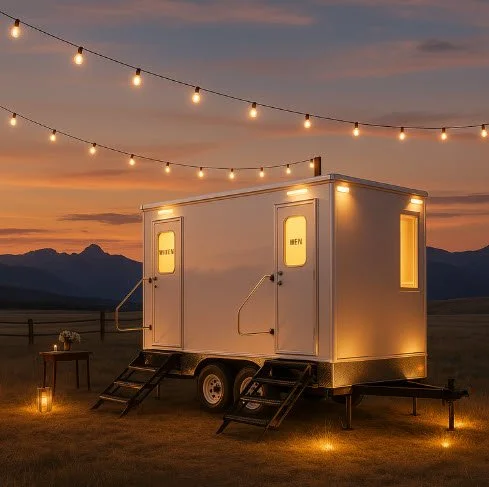A mobile restroom trailer with separate men's and women's facilities, set outdoors during sunset, illuminated by string lights and small ground lights.