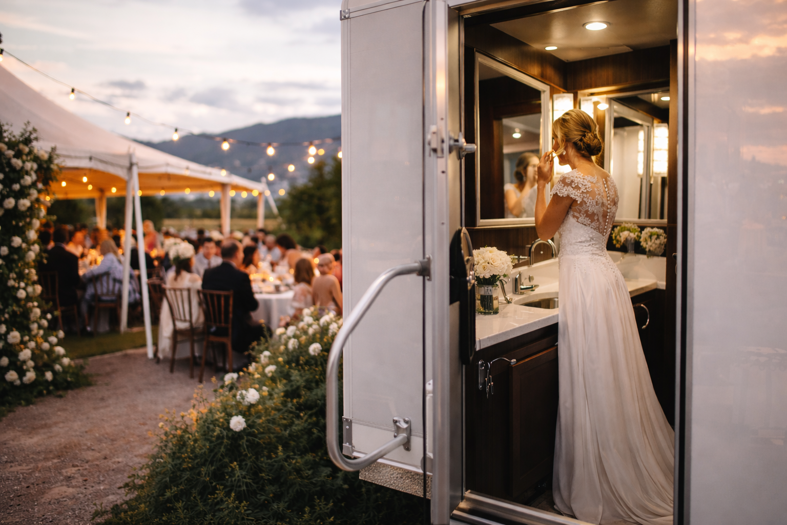 Luxury wedding restroom trailer at outdoor Colorado wedding reception