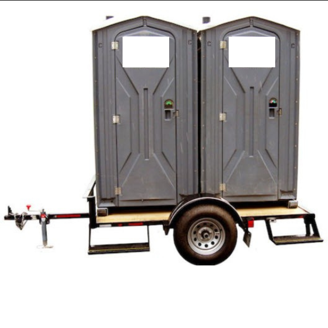 Standard portable restroom trailer on towable frame used as an alternative to luxury restroom trailer rentals in Colorado.