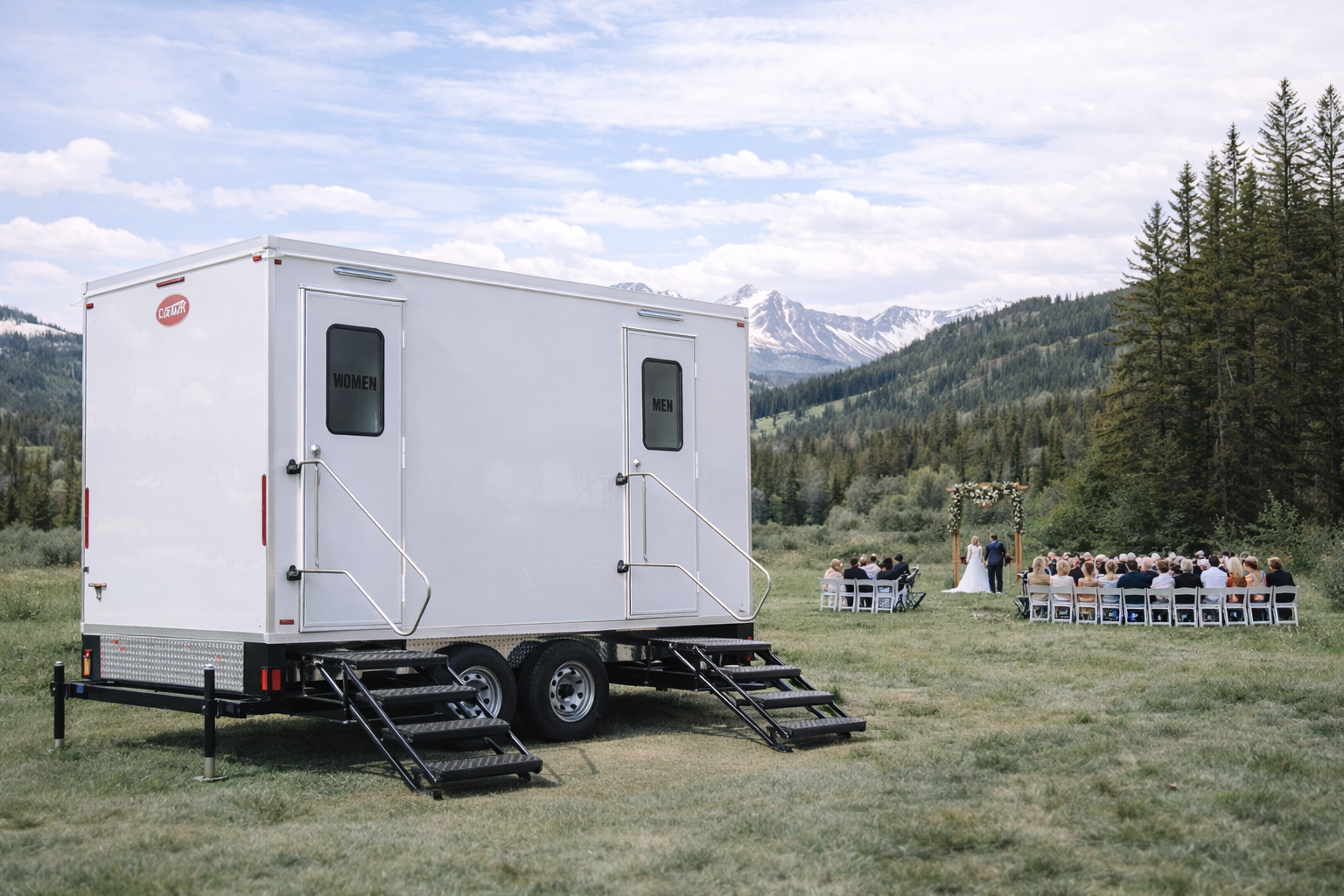 5-station wedding restroom trailer at mountain wedding venue in Colorado