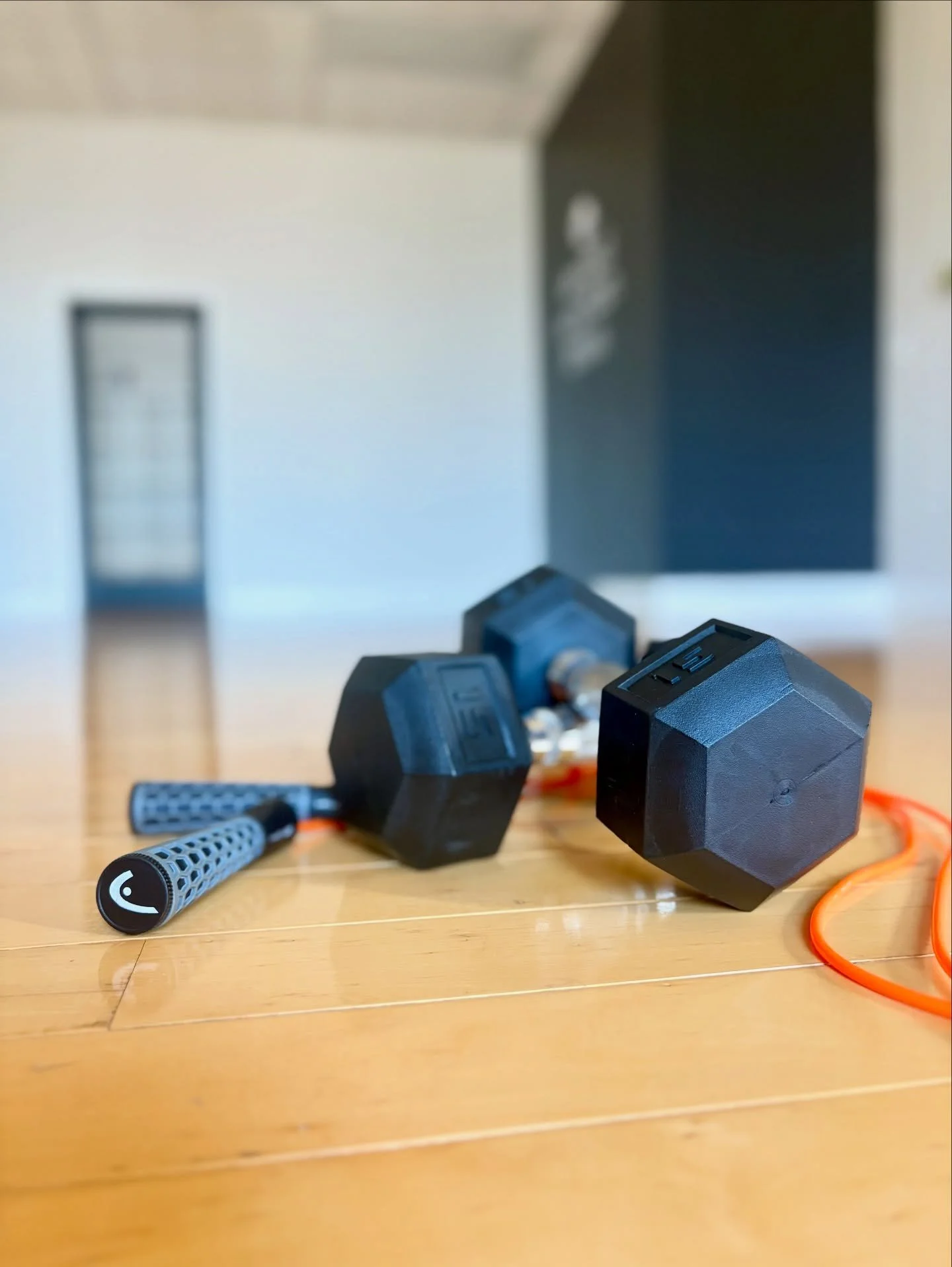 Workout equipment including a handheld roller, dumbbells, a jump rope, and power adapters on a hardwood floor in a room.