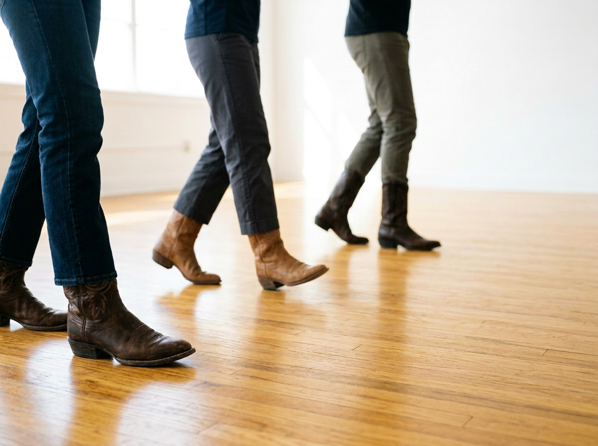 Three people wearing cowboy boots walking inside a room with hardwood floors.