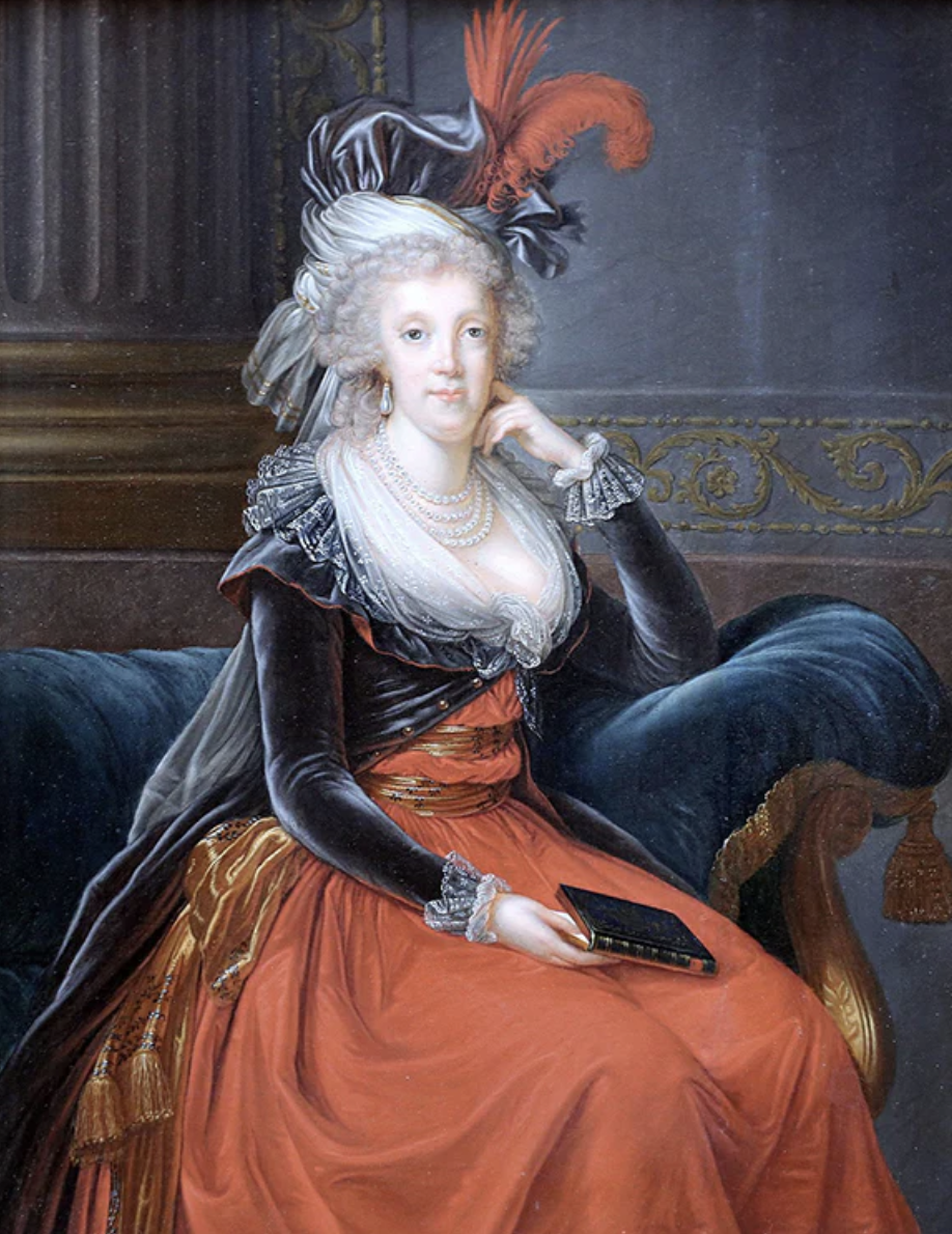 A portrait of a woman from the 18th century sitting on a velvet sofa, wearing a large feathered hat, a pearl necklace, a black velvet jacket, and an orange skirt. She holds a small book in her lap and has a contemplative expression.