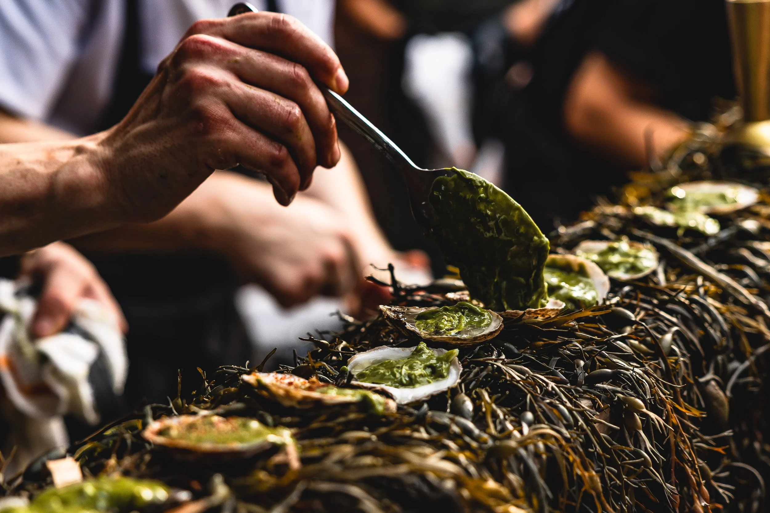 Close-up of a person with dirty hands using a spoon to serve green oysters on a bed of seaweed.