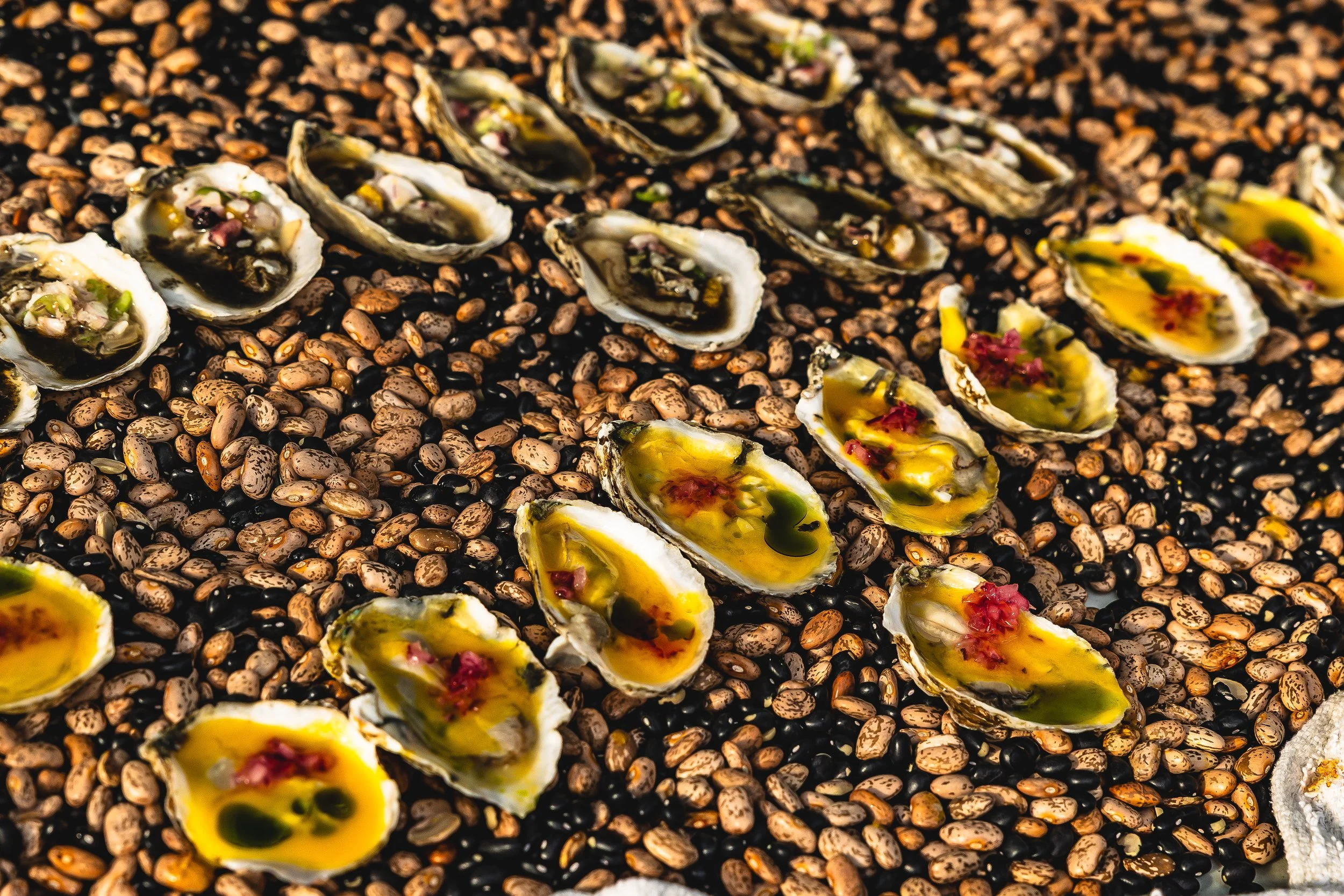 Oysters on a bed of mixed beans and lentils with sauces and garnishes.