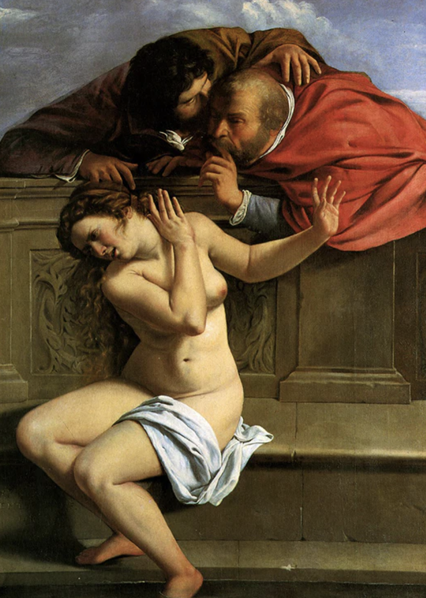 A classical oil painting depicting three figures: a nude woman sitting with one leg bent and a cloth draped over her lap, a man with a beard and mustache leaning over a ledge, and another man with dark, curly hair whispering to the man with the beard. The background includes a cloudy sky.