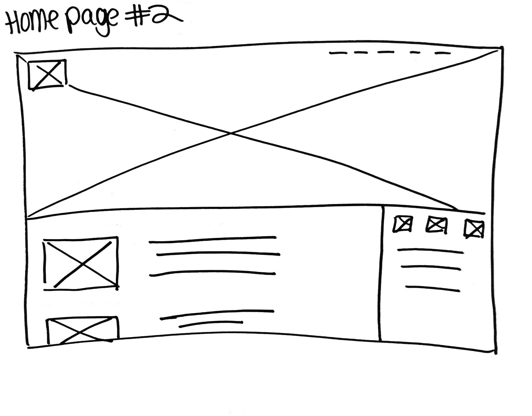 A hand-drawn wireframe layout of a homepage titled 'Home Page #2' with sections for images, text, and navigation.