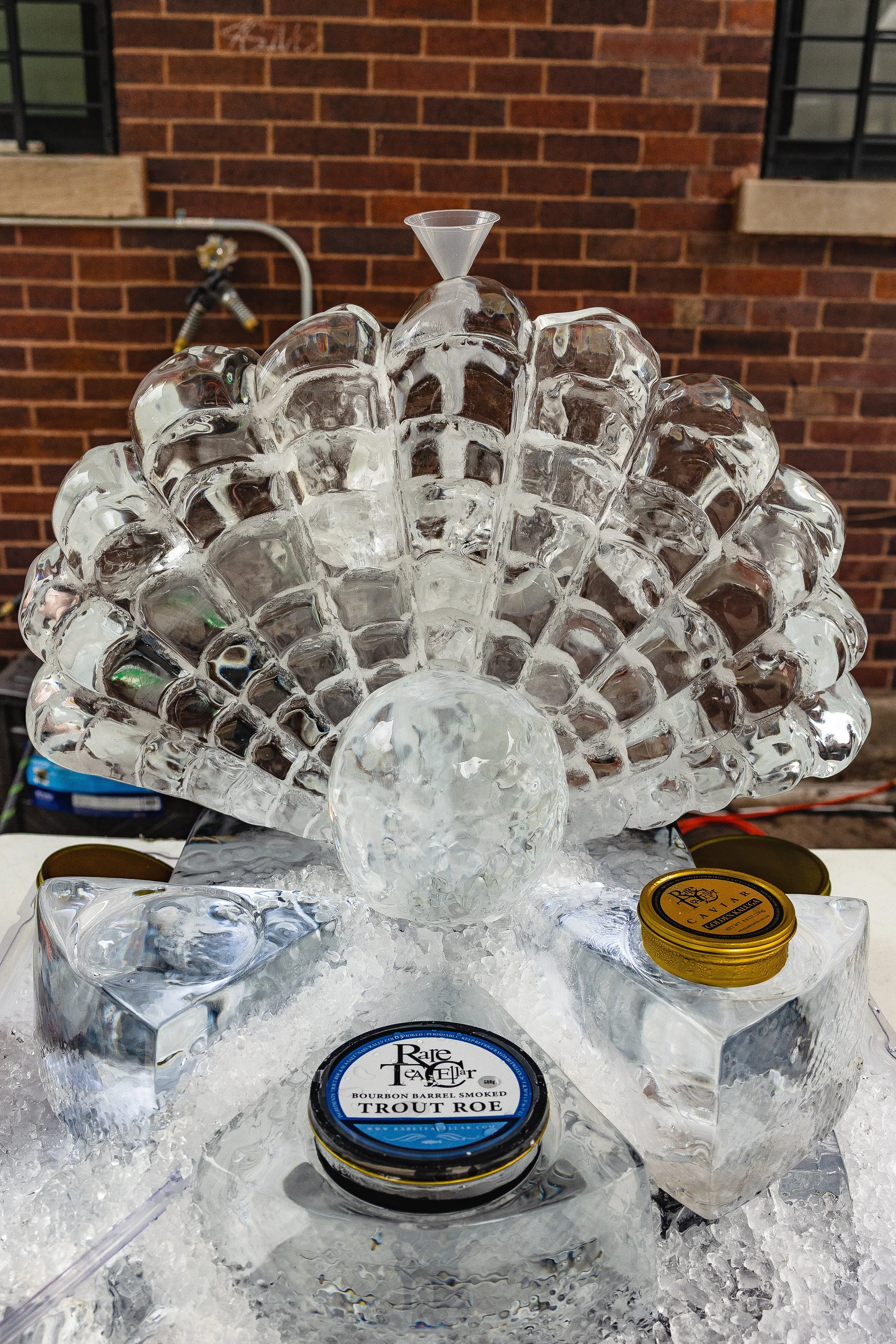 Ice sculpture with a large spherical centerpiece and a fan-like arrangement of ice pieces on top, surrounded by containers of smoked trout roe and caviar, set on ice.