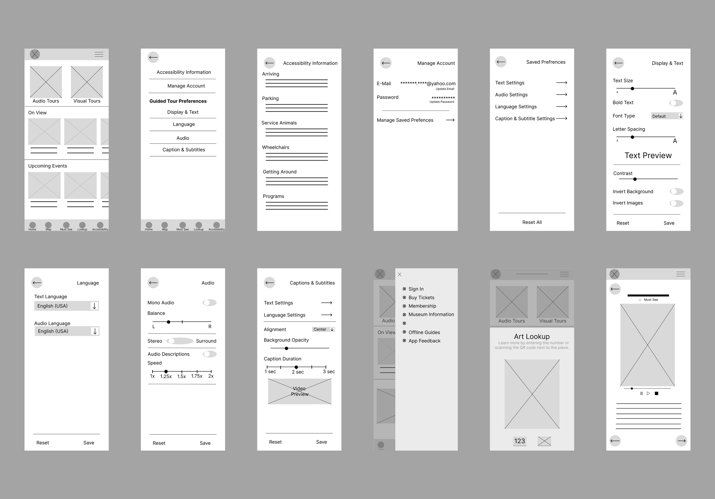 Series of grayscale wireframe mobile app screens for a museum or tour guide app, including tour selection, accessibility options, account management, preferences, text settings, language and audio controls, caption/subtitle options, and navigation menus.