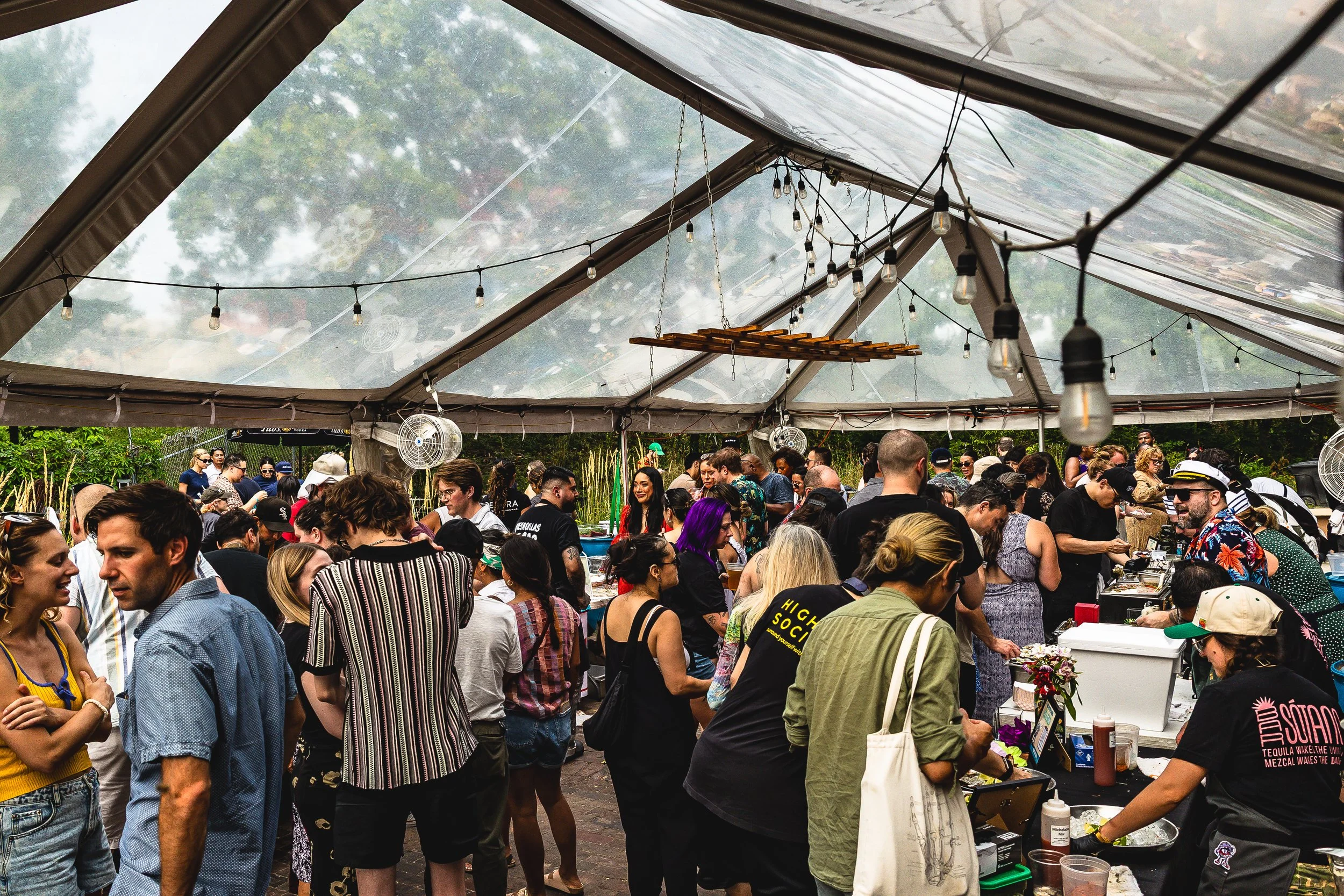 Crowd of people gathered under a large outdoor tent decorated with hanging light bulbs, at what appears to be a festival or social event.