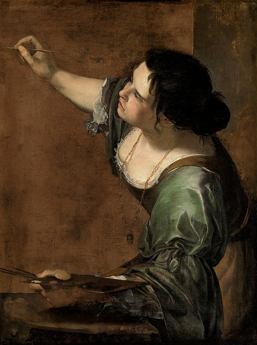 A woman with dark hair dressed in period clothing, holding a paint palette in one hand and a brush in the other, appears to be painting on a wall or canvas.