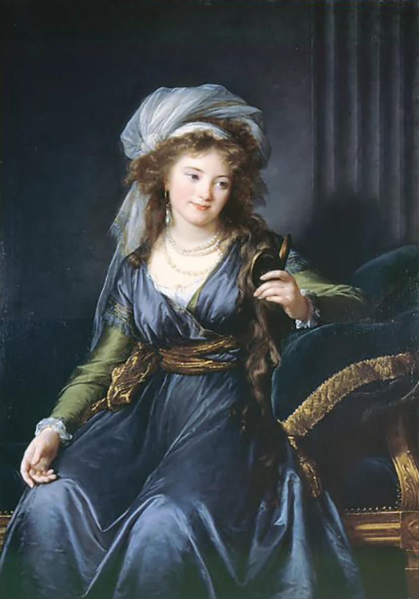 A portrait of a woman dressed in historical clothing, sitting on a dark ornate sofa, holding a hand mirror, with a dark background and draped curtains.