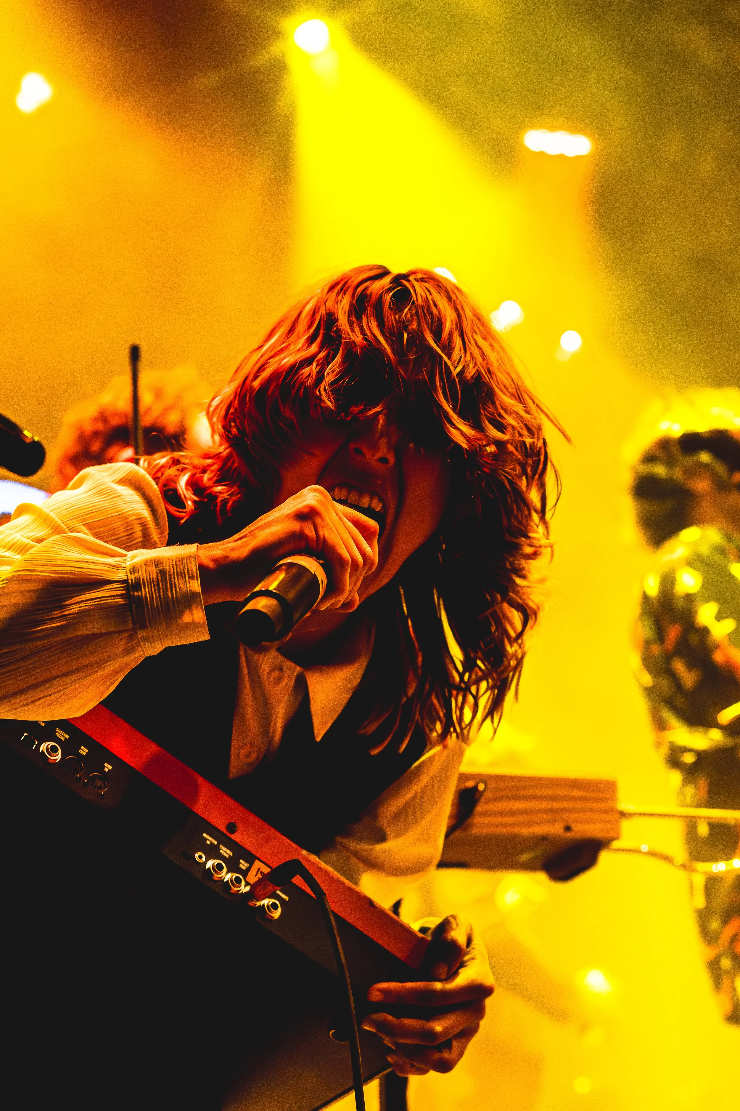A woman with long, curly hair passionately singing into a microphone on stage, illuminated by warm yellow stage lights.