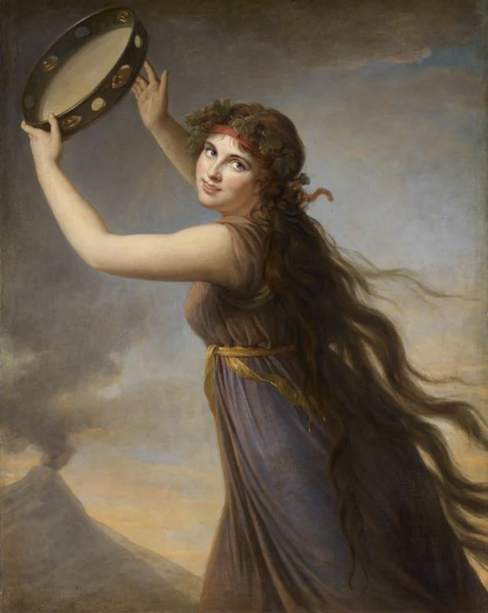 A classical-style painting of a woman with long flowing hair, holding a tambourine, set against a background of a volcano erupting with smoke and ash.