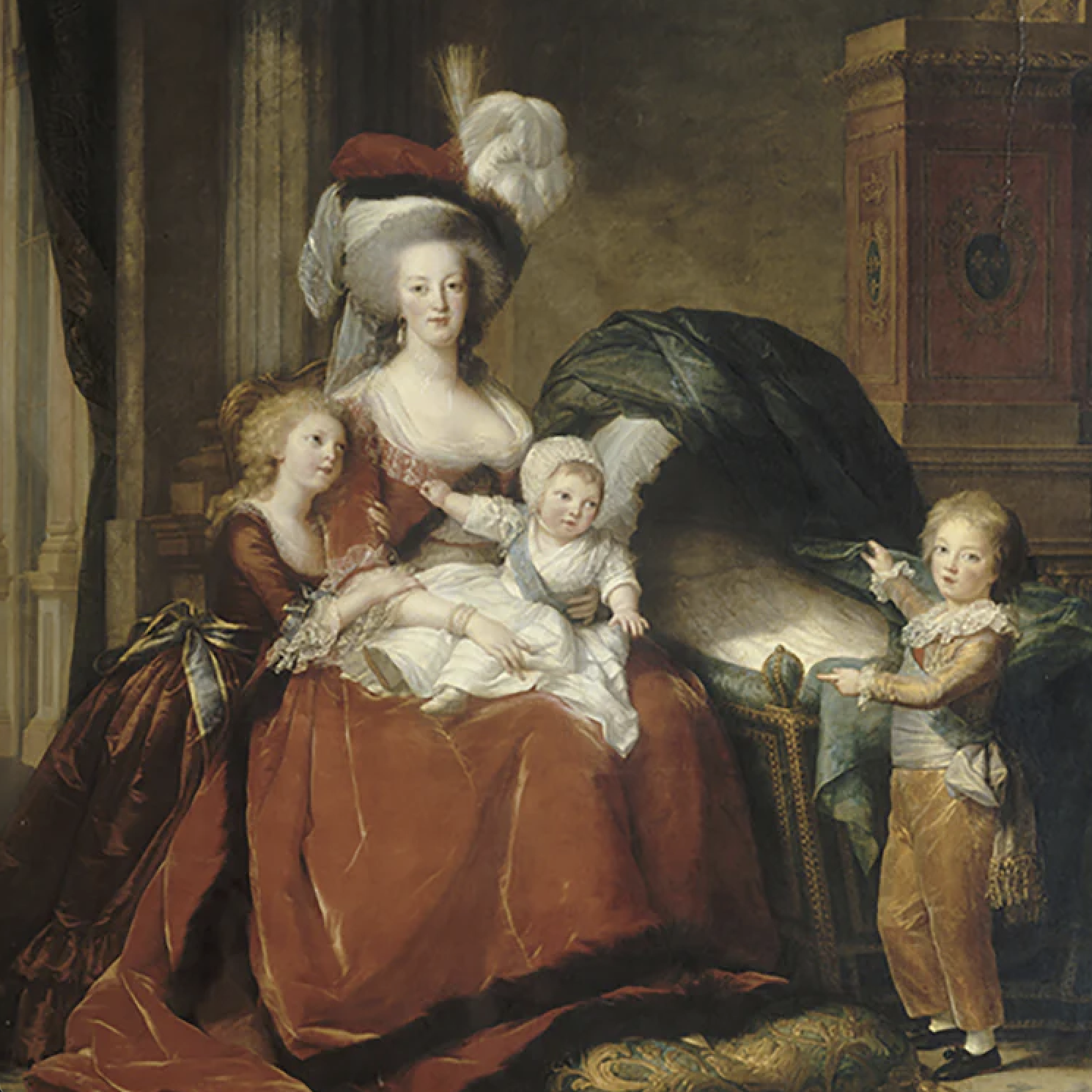 A Queen Elizabeth I-inspired figure with three children, positioned next to a large open cabinet or box with fabric or garments inside.