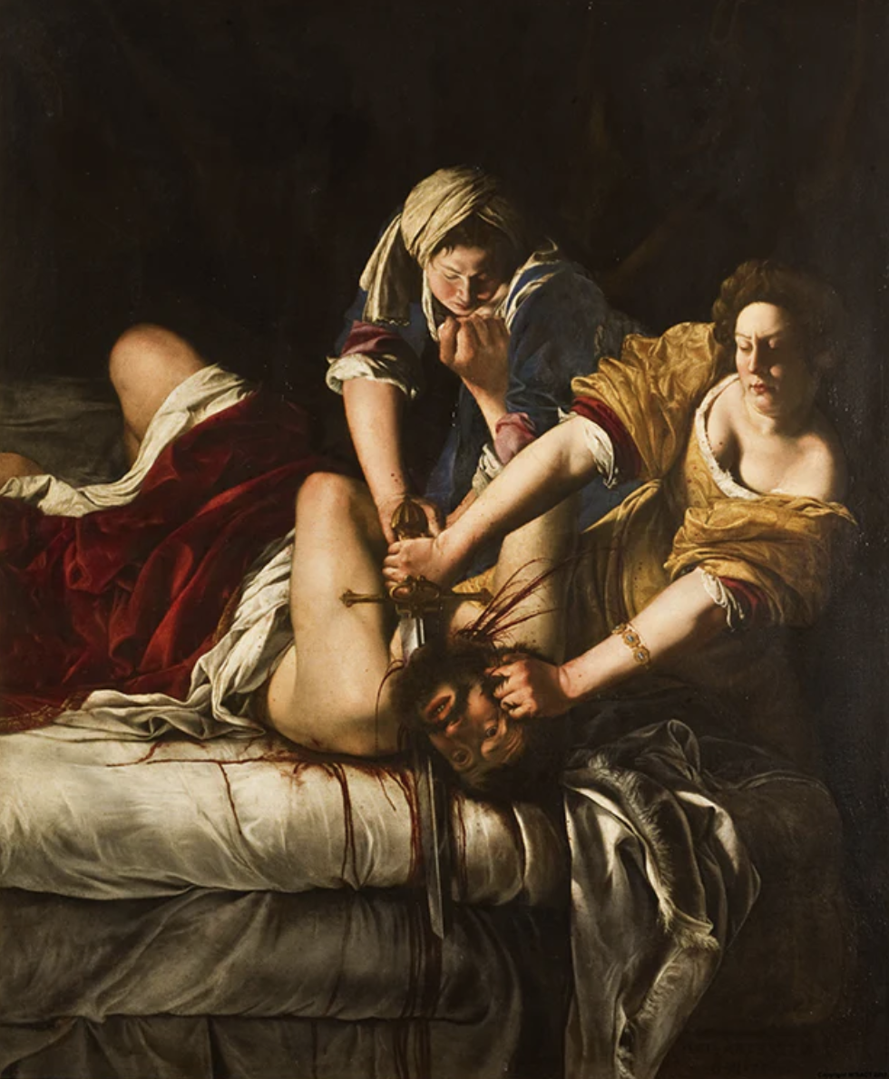 A classical painting depicting a violent scene where two women are attacking a man with a sword while he is lying on a bed, with blood pooling on the bed.