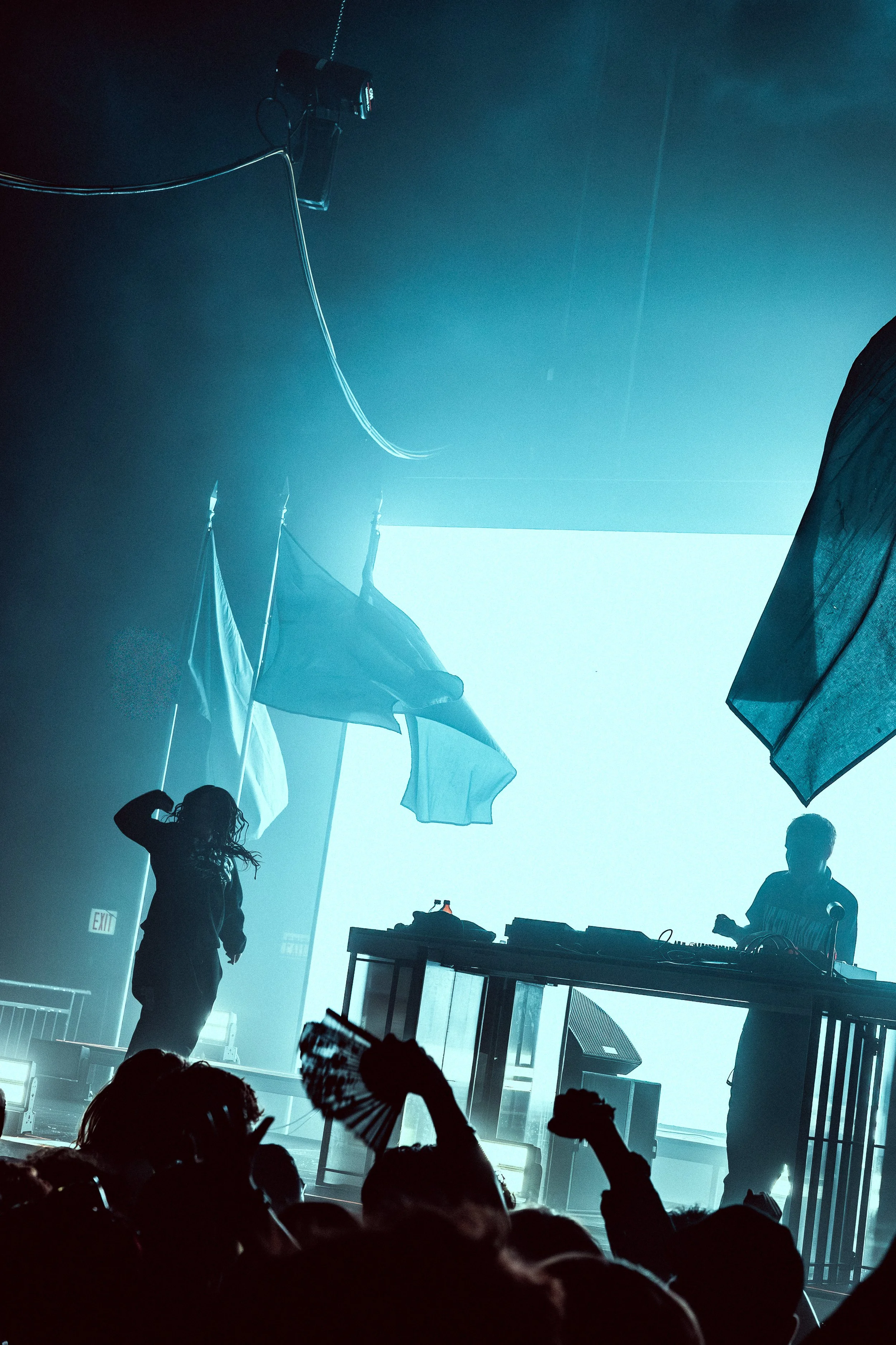 A DJ performs on stage with a crowd dancing in front, holding a fan, as flags hang from the ceiling and blue lighting creates a vibrant atmosphere.