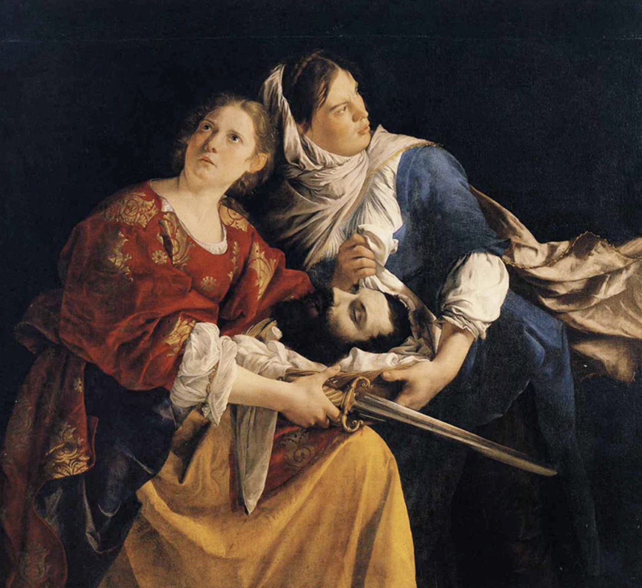 A classical painting depicting a woman with curly red hair holding a sword and a man with dark hair resting his head on her lap, with a young boy’s head in their arms. The characters display a somber and intense mood, set against a dark background.