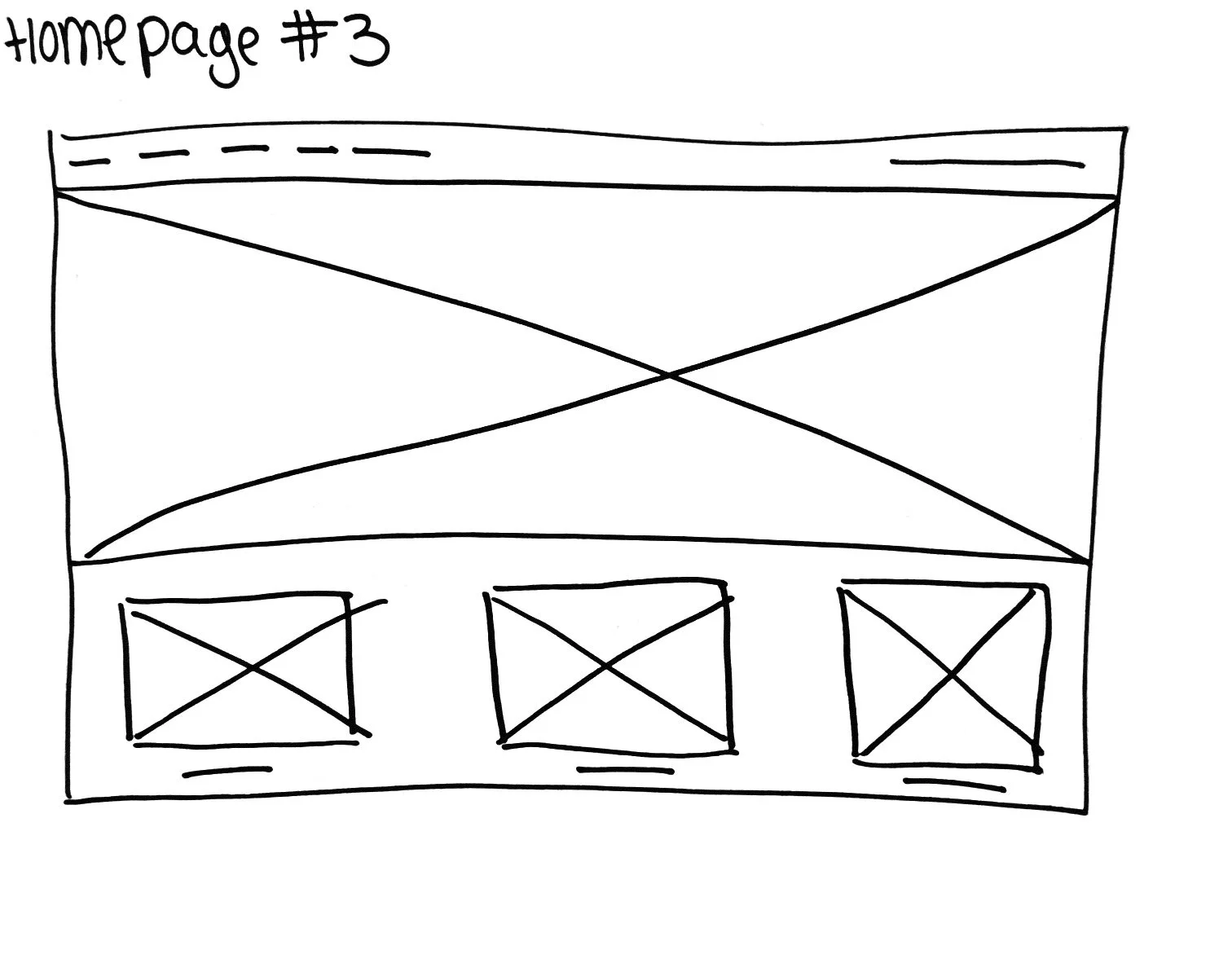 A hand-drawn sketch of a website layout titled 'Homepage #3' with a large rectangle at the top representing a banner or header section, and three smaller rectangles below it representing three content boxes or images, each with an X inside to indicate placeholders.