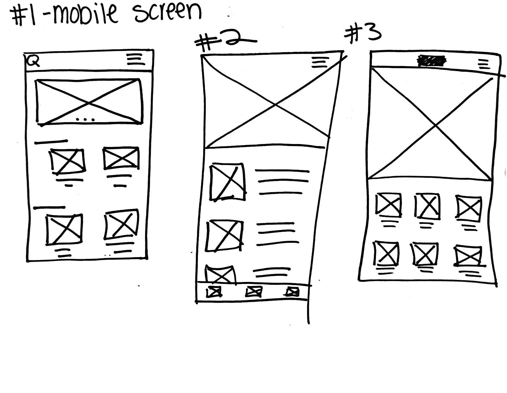 Hand-drawn sketch of three mobile phone screens labeled #1, #2, and #3, showing different wireframe layouts for mobile app design.