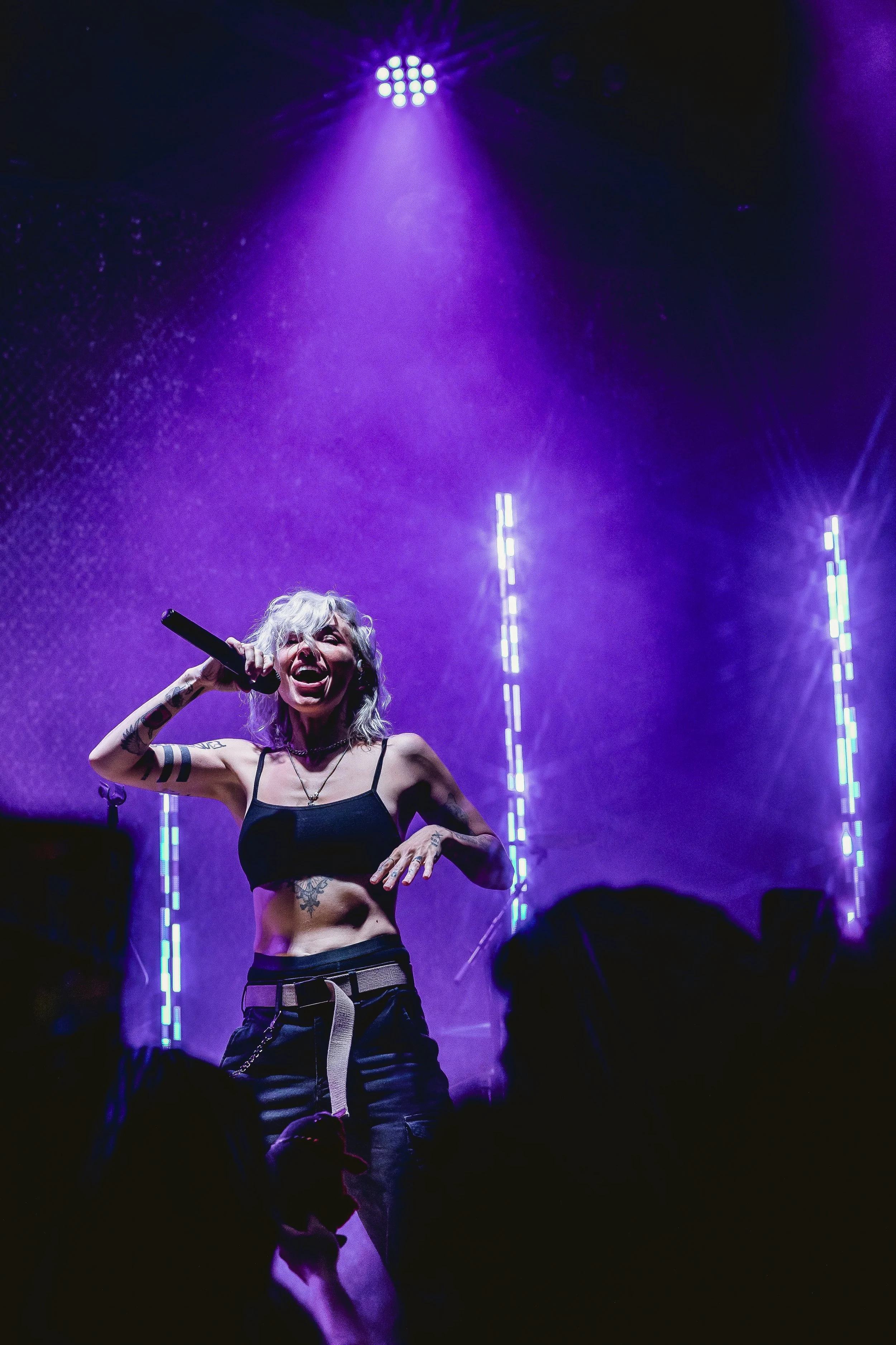A female singer performs on stage holding a microphone, with purple stage lighting and an audience in the foreground.