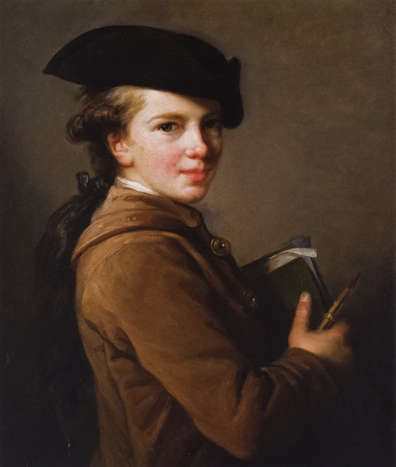 A portrait of a woman wearing historical clothing, including a brown coat and a black hat, holding an open book and a quill.