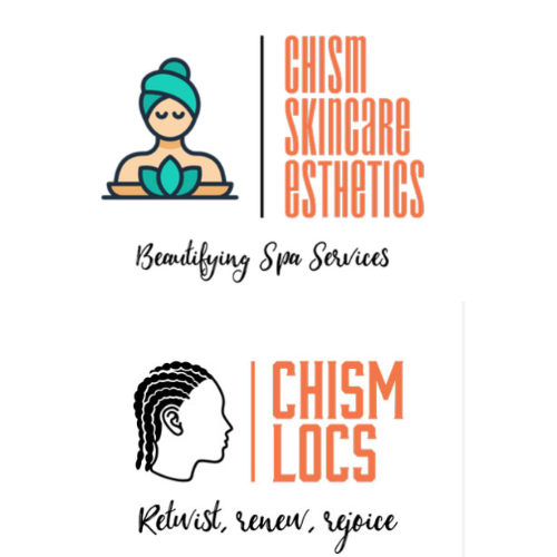 Logo of Chism Skincare Esthetics with a woman with a headwrap, a lotus flower, and text 'Chism Skincare Esthetics, Beautifying Spa Services' and a profile of a woman with braids, with text 'Chism Locs, Retwist, renew, rejoice'