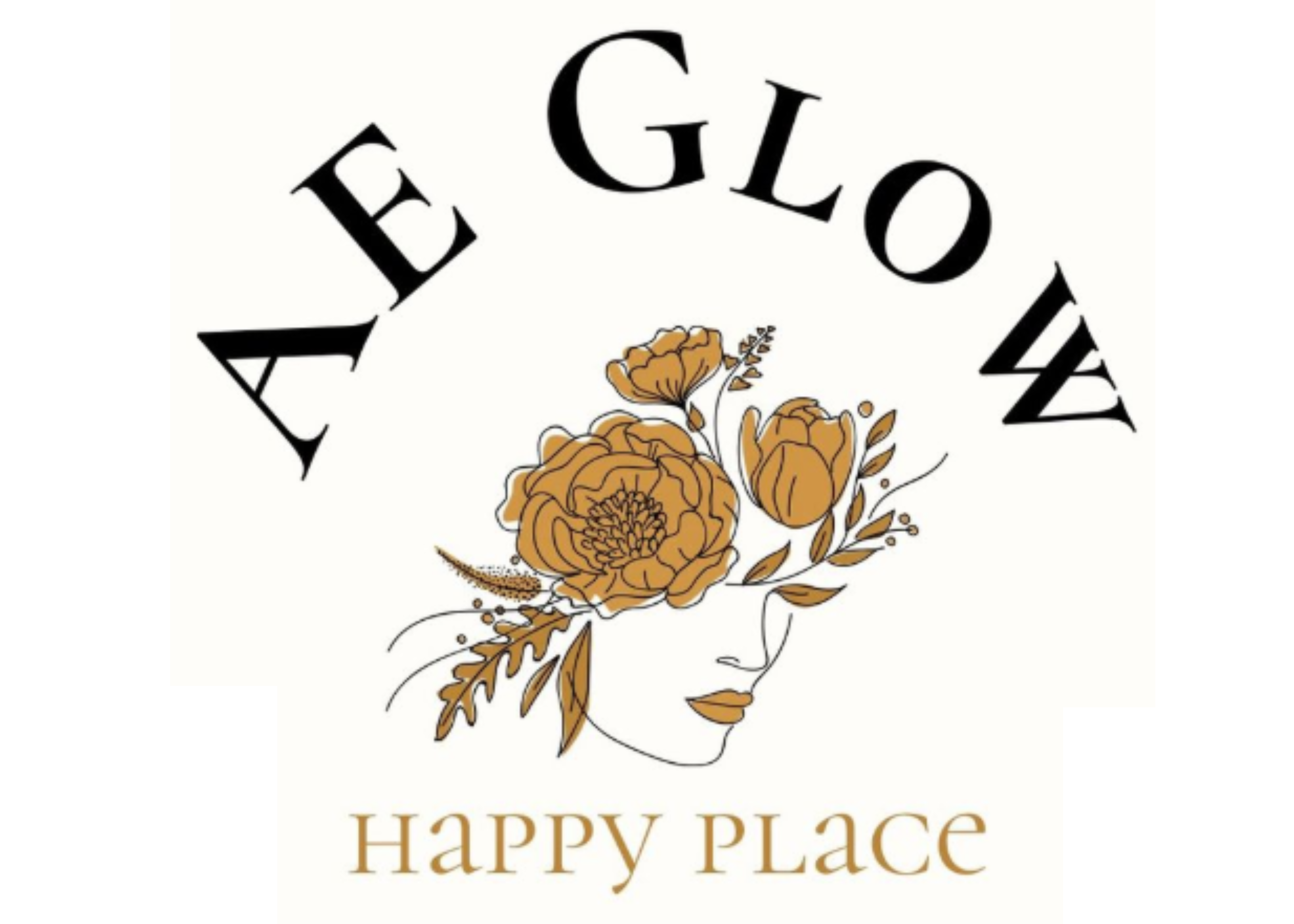 Logo featuring a woman's face with floral elements covering her eyes, the words 'A GLOW UP' arched above, and 'HAPPY PLACE' below.