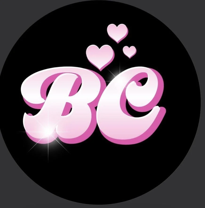 Pink and white 3D letters 'B' and 'C' with three pink hearts above and sparkles, on a black circular background logo for a hairstylist in Brooklyn Center