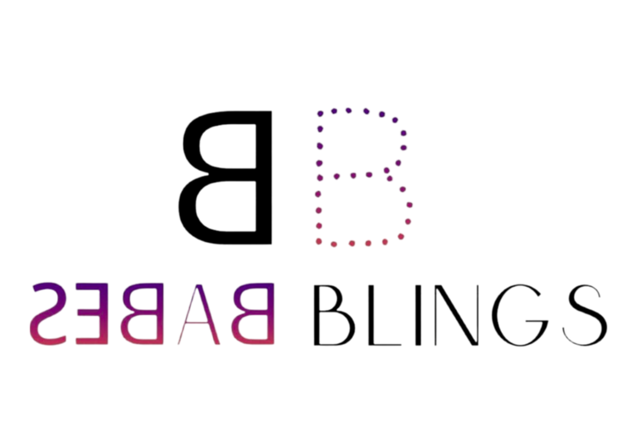 Logo with stylized letter B in black, dotted outline of letter B in purple and red, and the word "BABE" in purple and pink reversed, followed by the word "BLINGS" in black.
