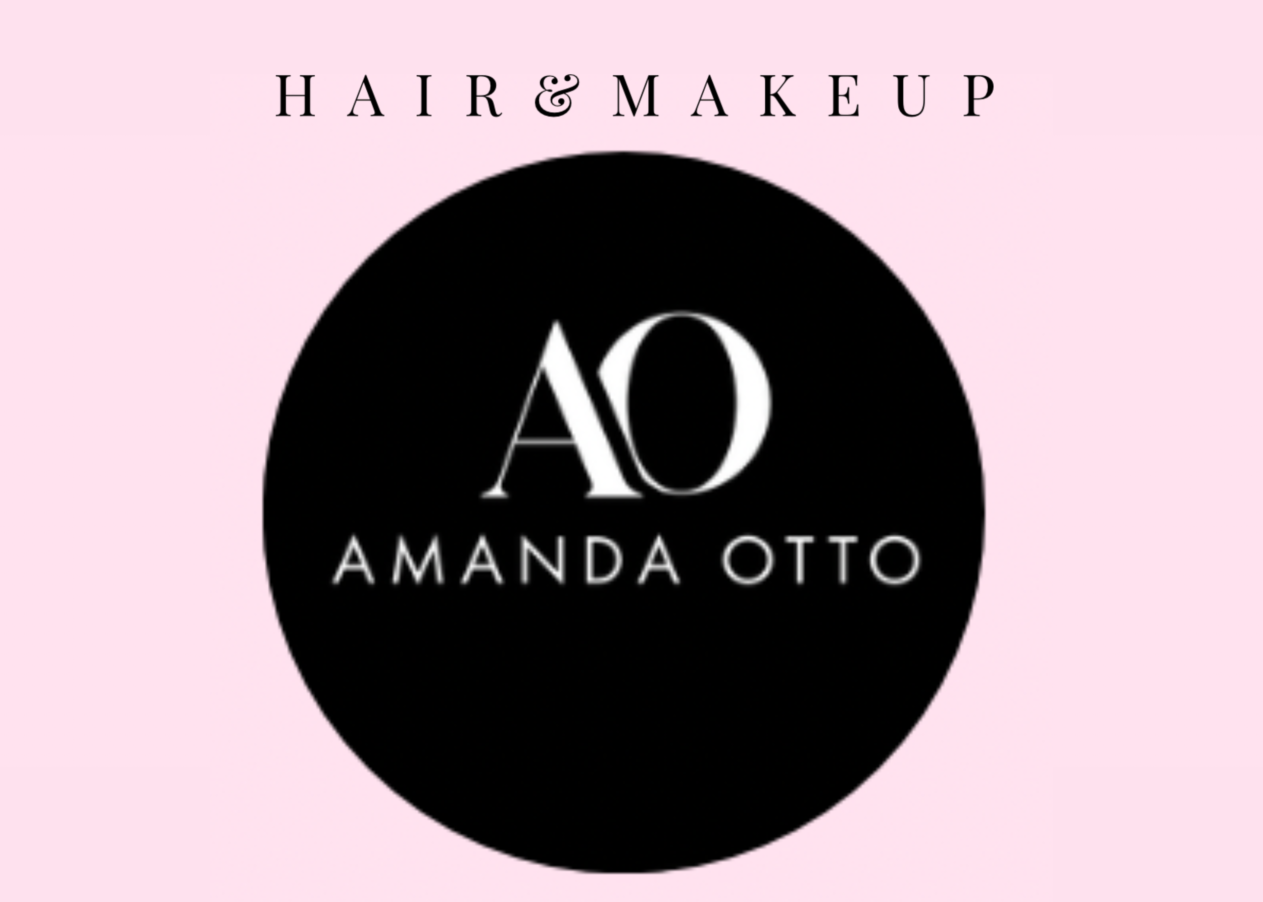 Logo for Amanda Otto Hair & Makeup with initials A O in a black circle, pink background.