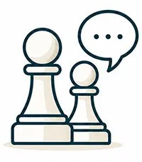 Two chess pawns with a speech bubble as if they're talking.
