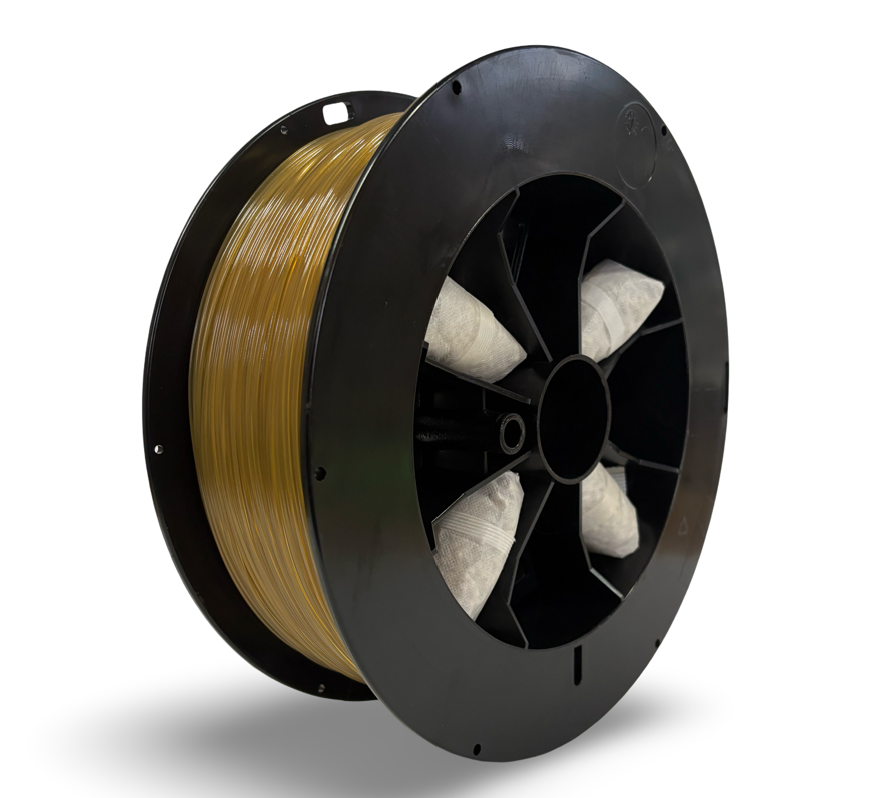 PEKK 92ci Fortus compatible filament spool — front angled view showing label and spool geometry