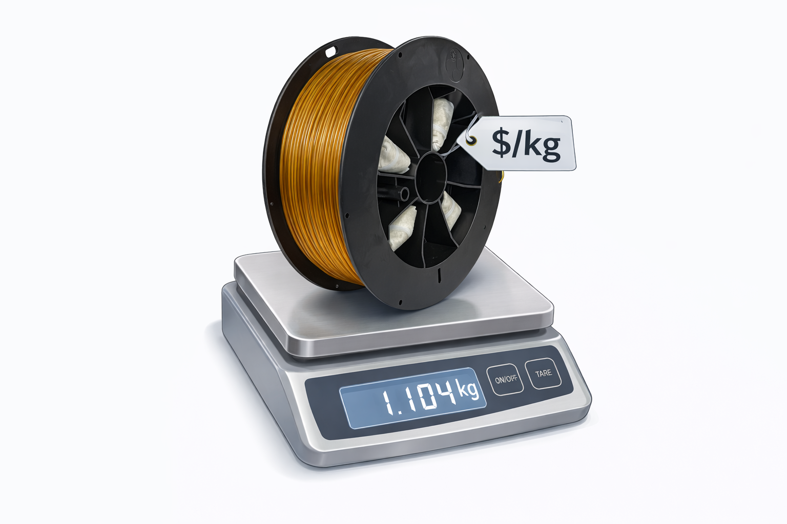 A Fortus-compatible 3D printing filament spool resting on a digital scale, illustrating how material weight is used to calculate cost per kilogram.